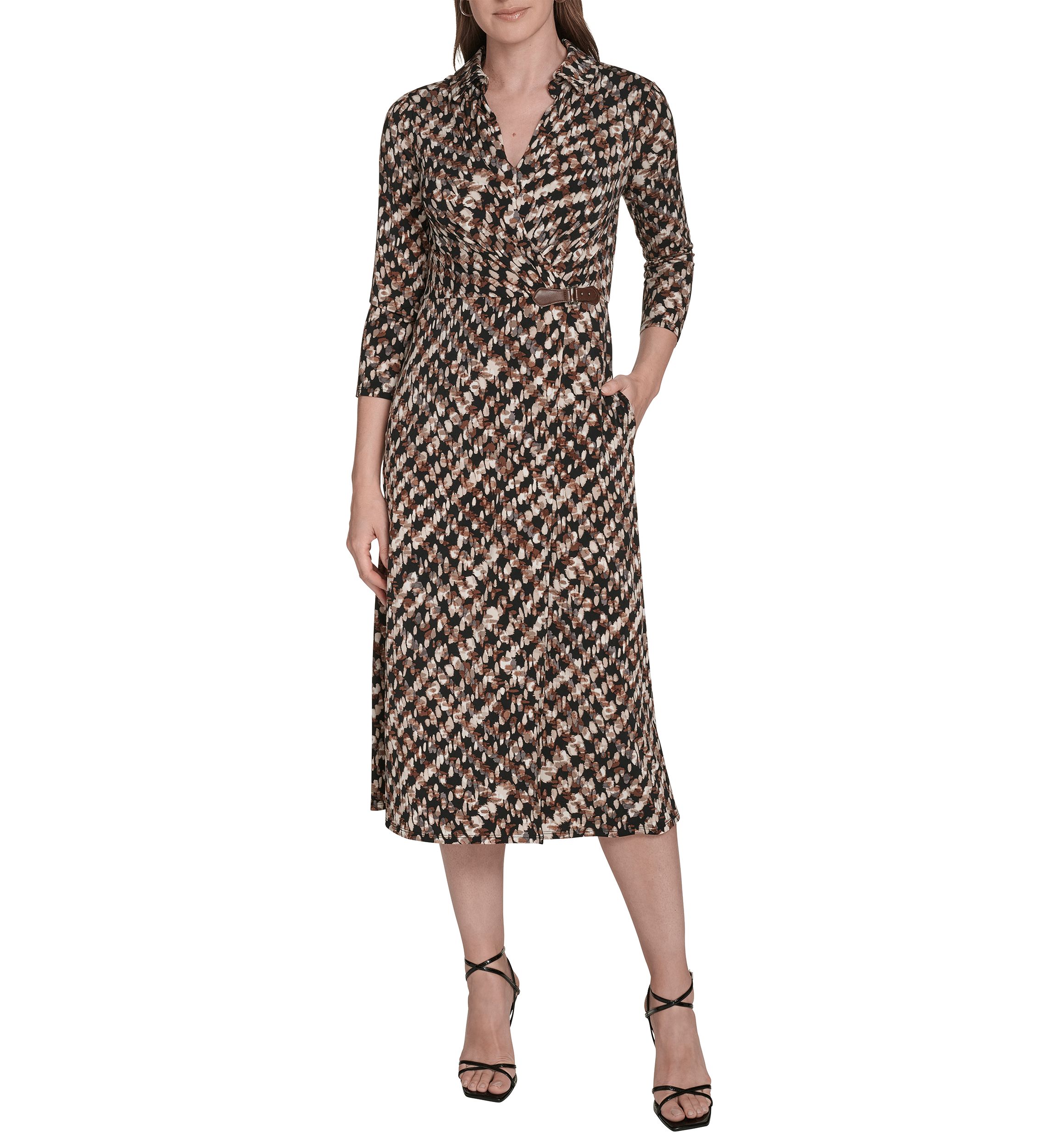 Womens Long Sleeve Collared Printed A-Line Dress