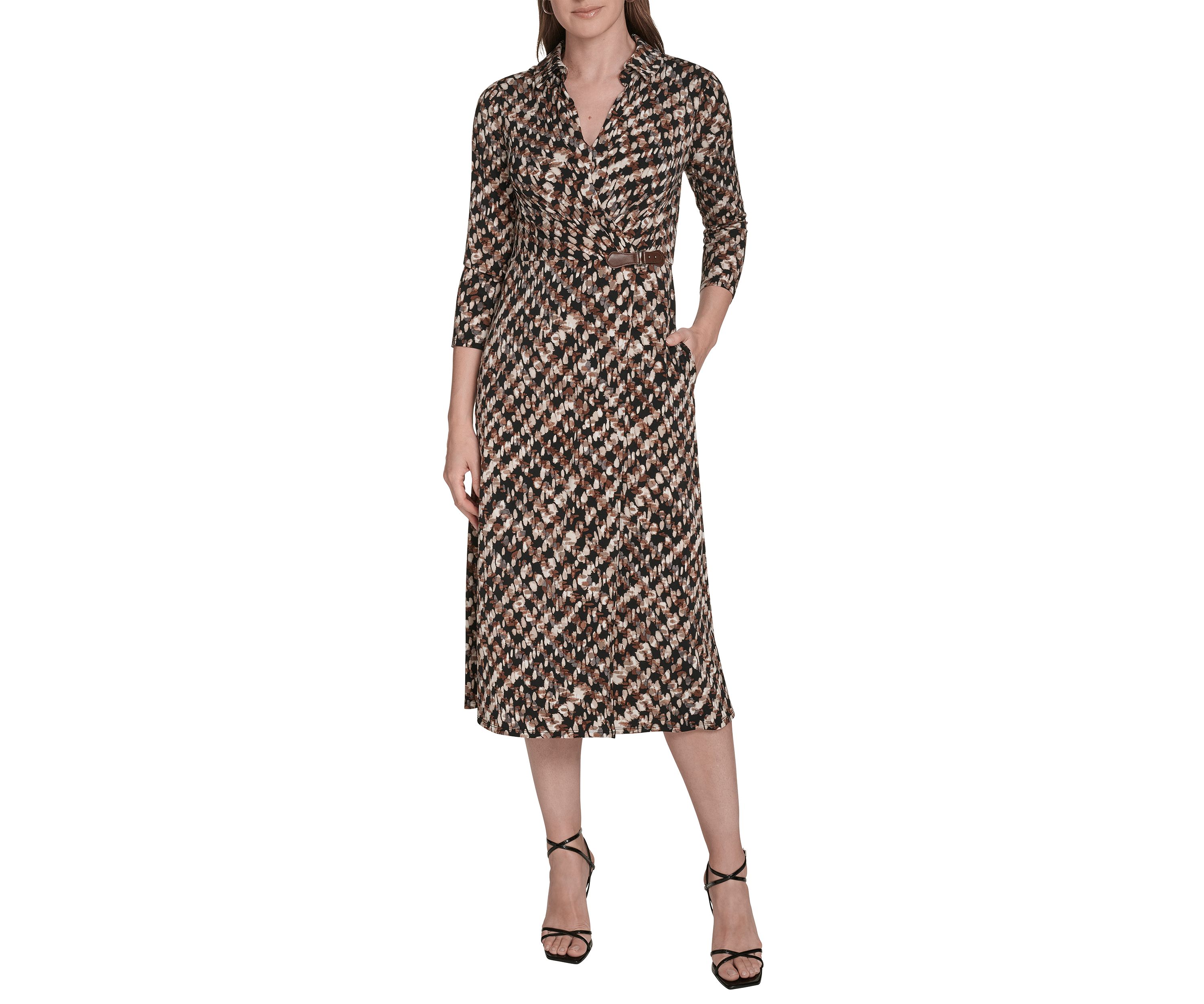 Womens Long Sleeve Collared Printed A-Line Dress