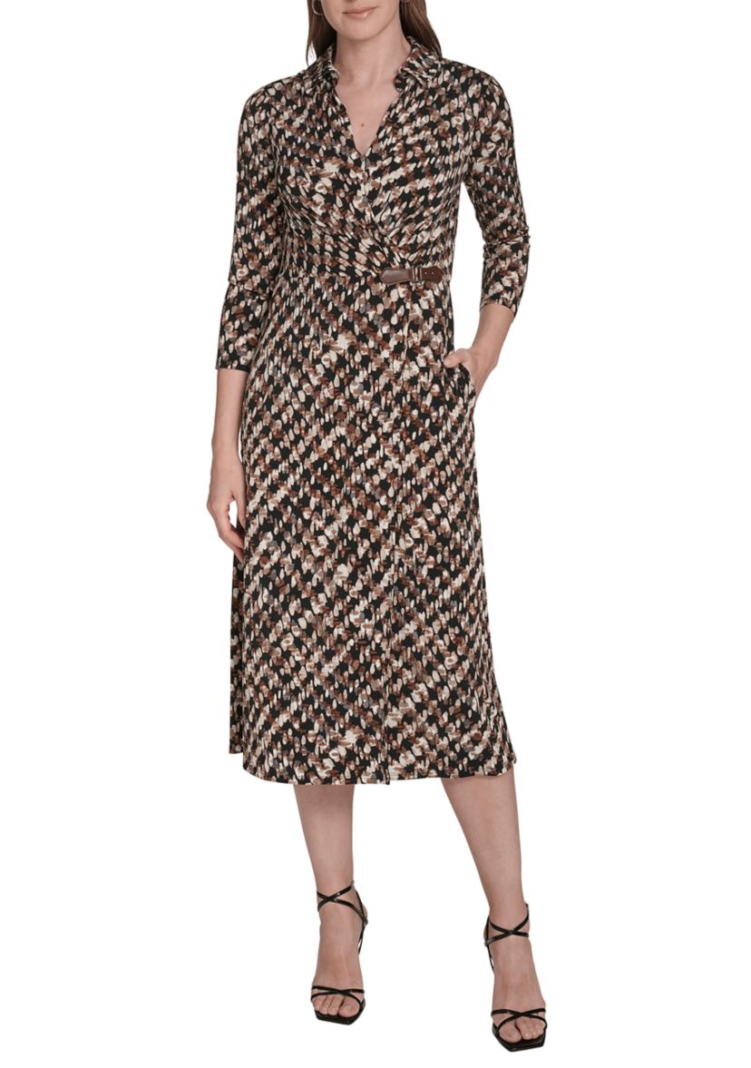 Womens Long Sleeve Collared Printed A-Line Dress
