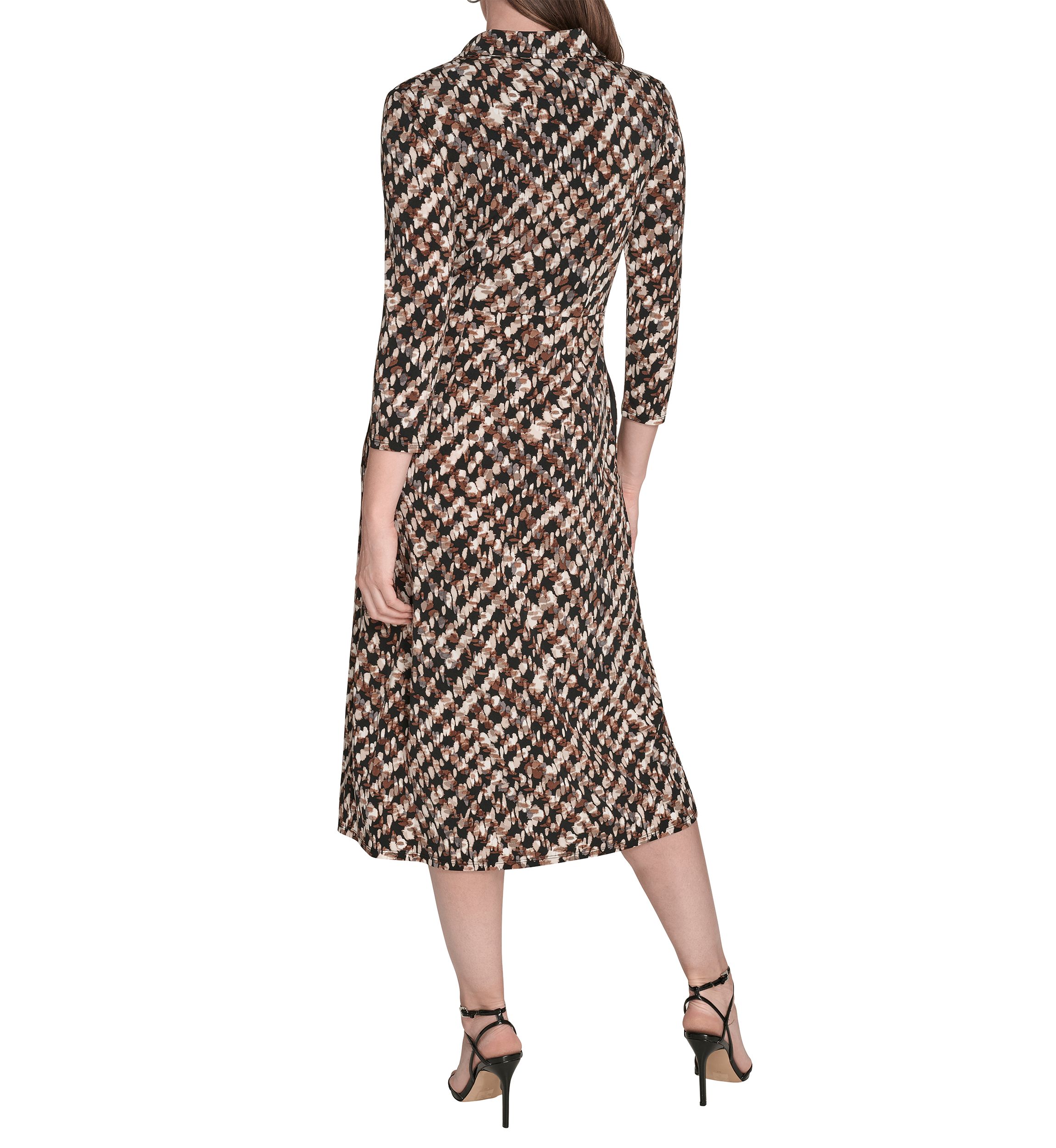 Womens Long Sleeve Collared Printed A-Line Dress