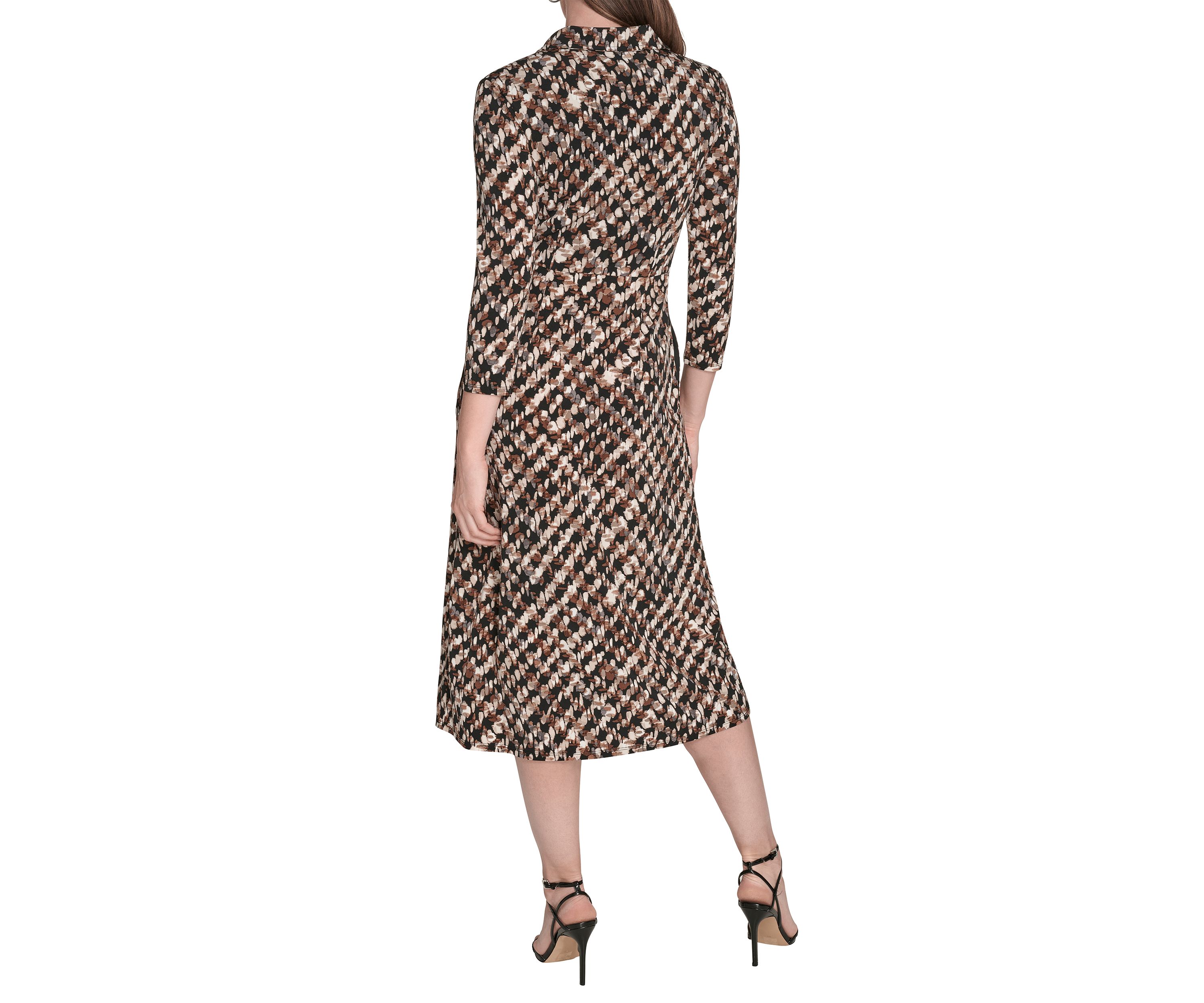 Womens Long Sleeve Collared Printed A-Line Dress