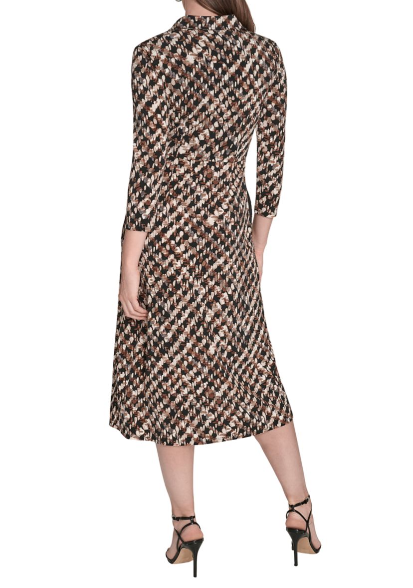 Womens Long Sleeve Collared Printed A-Line Dress