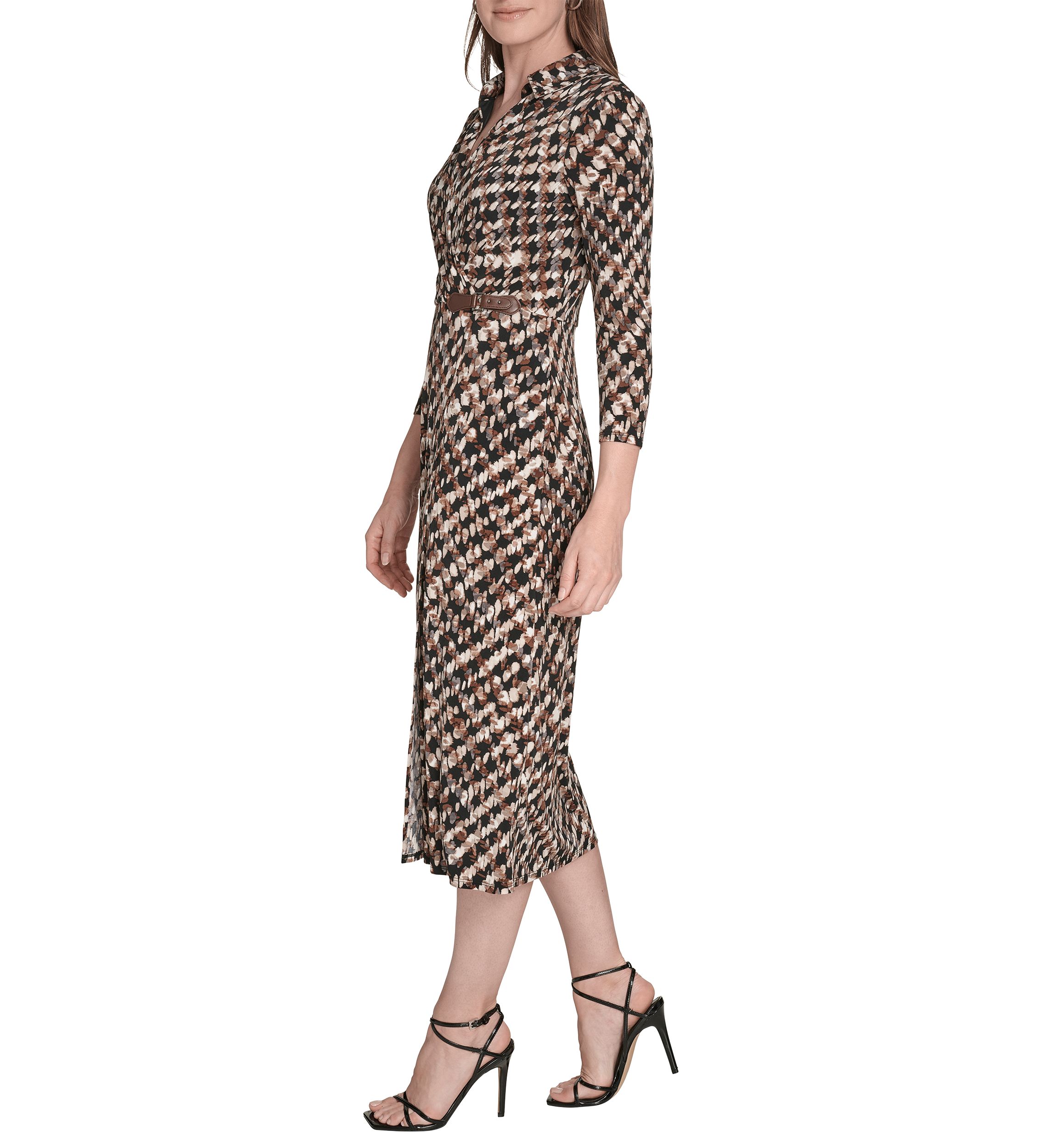 Womens Long Sleeve Collared Printed A-Line Dress