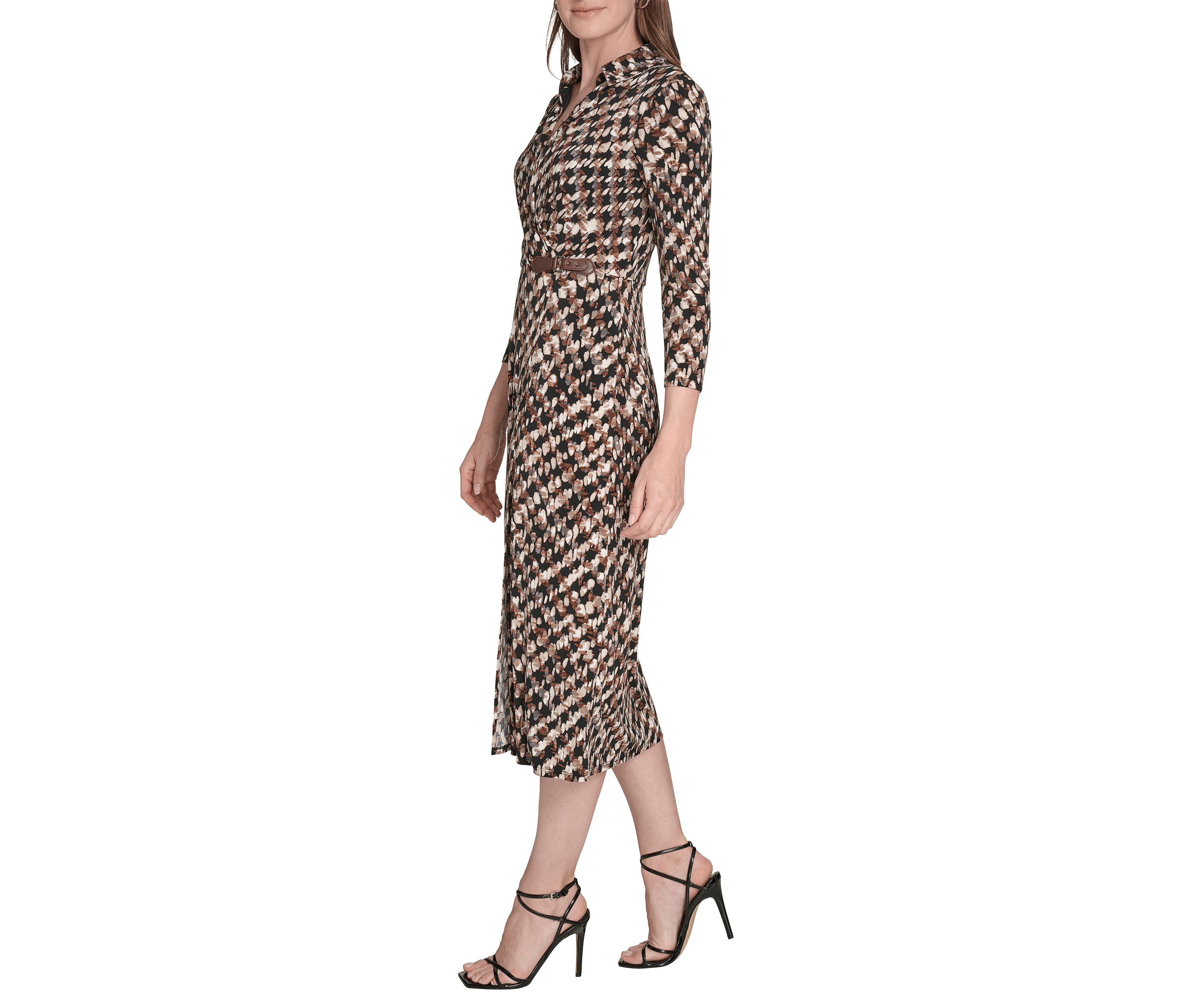 Womens Long Sleeve Collared Printed A-Line Dress