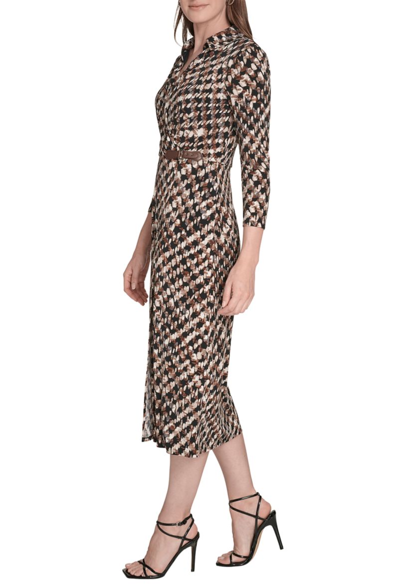 Womens Long Sleeve Collared Printed A-Line Dress