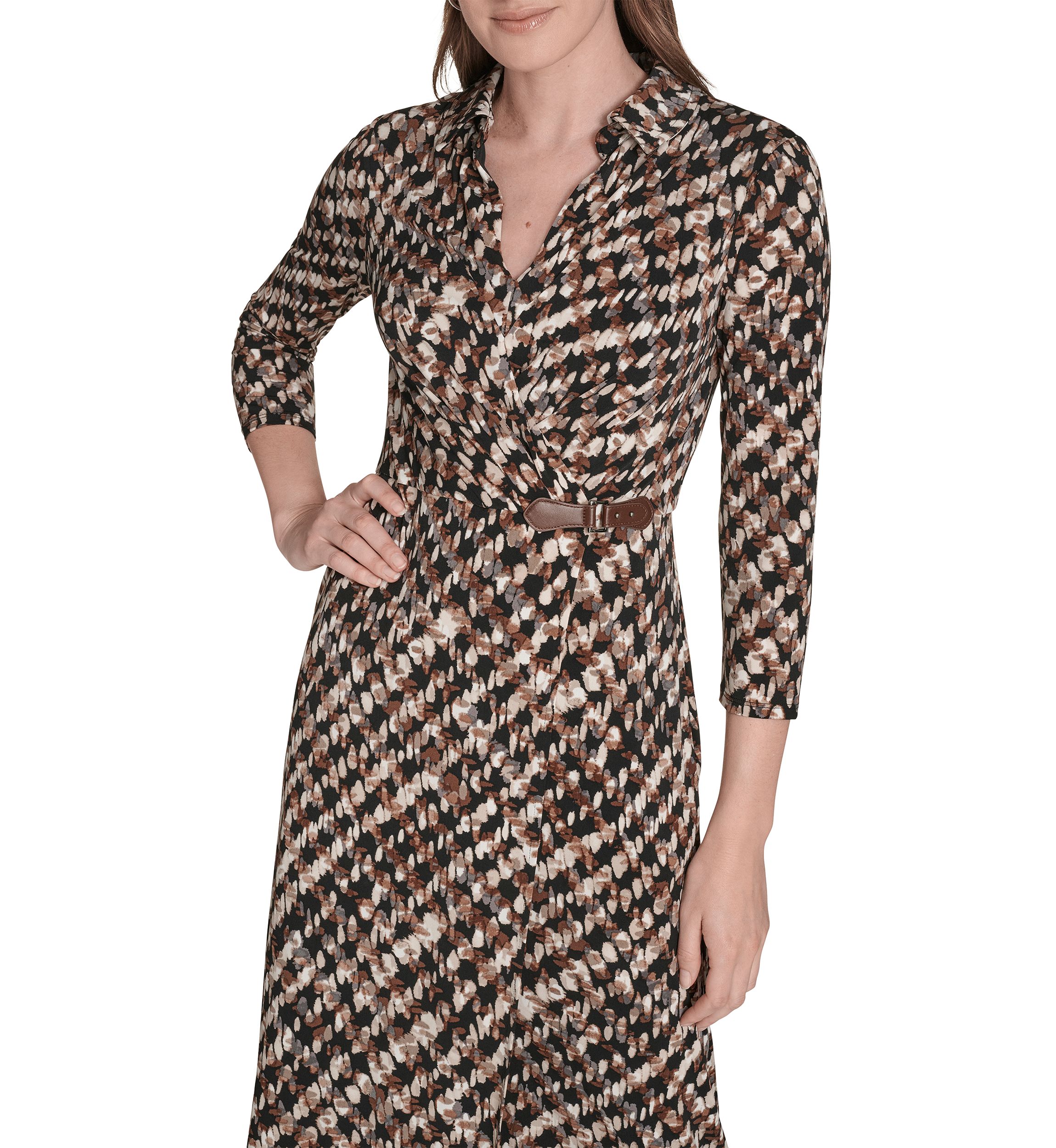 Womens Long Sleeve Collared Printed A-Line Dress