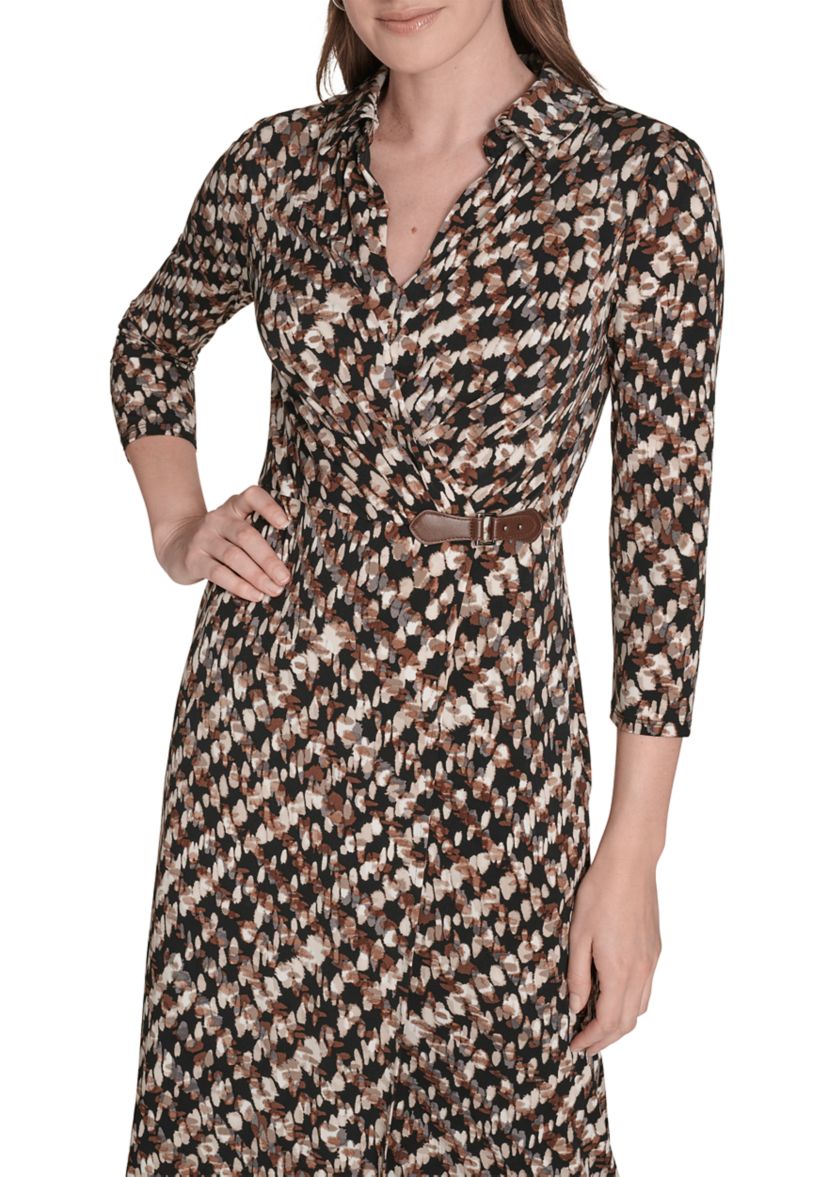 Womens Long Sleeve Collared Printed A-Line Dress