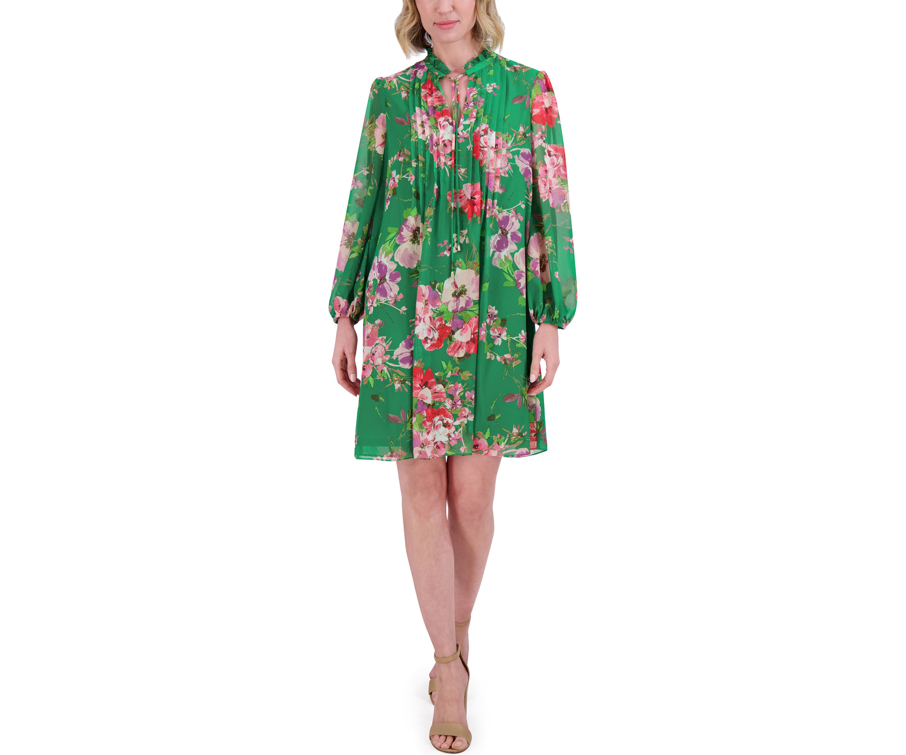 Womens Blouson Sleeve Floral Print Dress