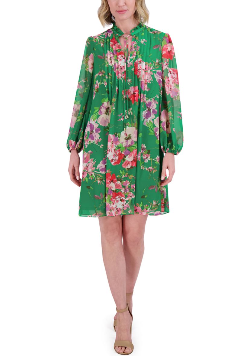 Womens Blouson Sleeve Floral Print Dress