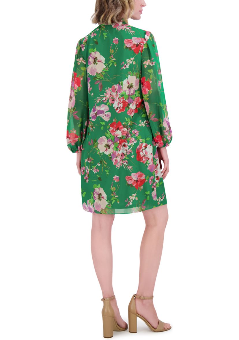 Womens Blouson Sleeve Floral Print Dress