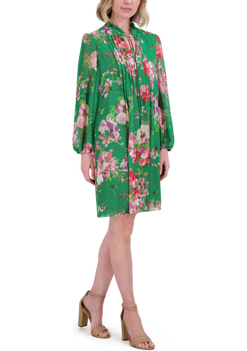 Womens Blouson Sleeve Floral Print Dress