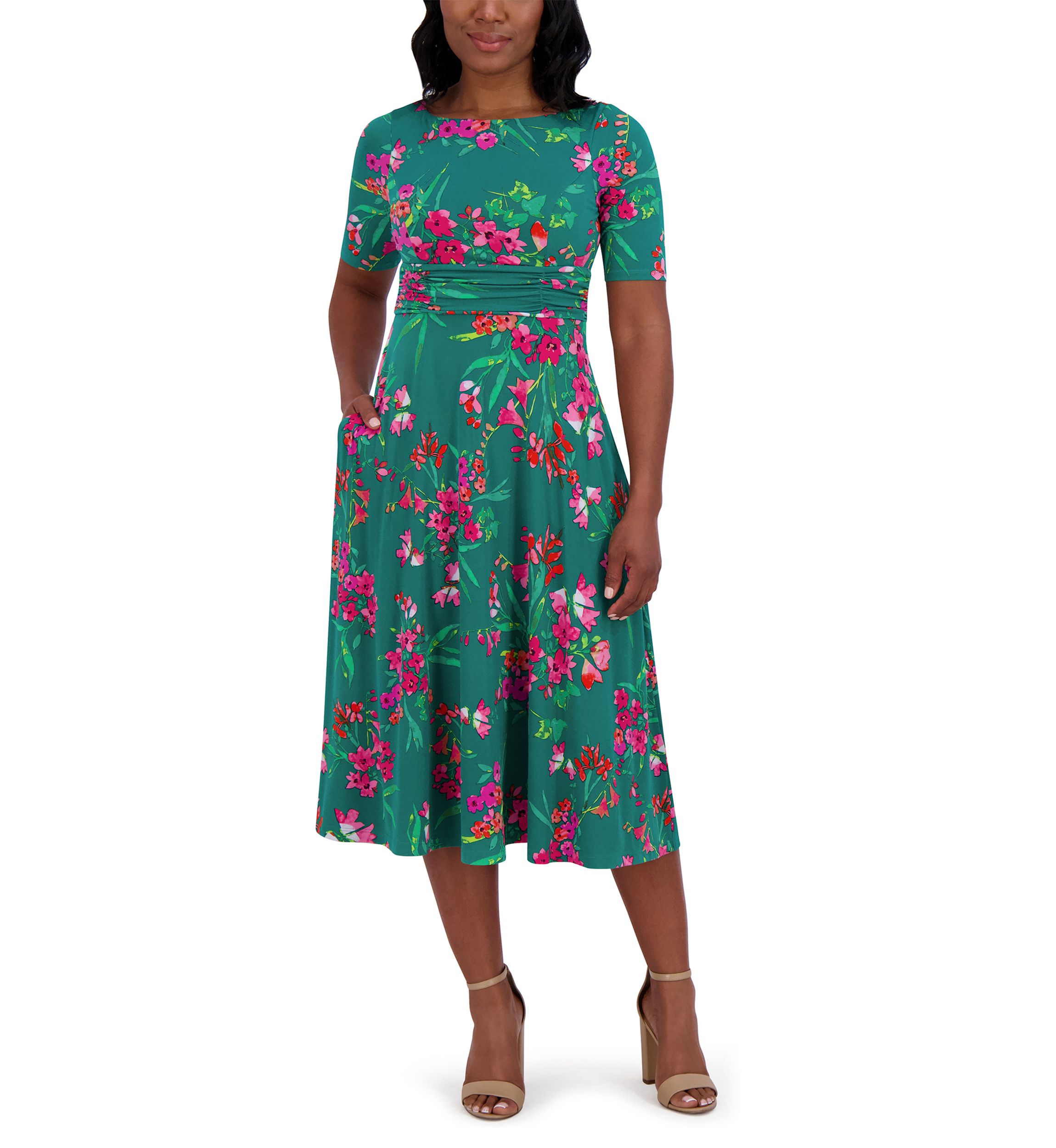 Womens Short Sleeve Crew Neck Floral Print Dress