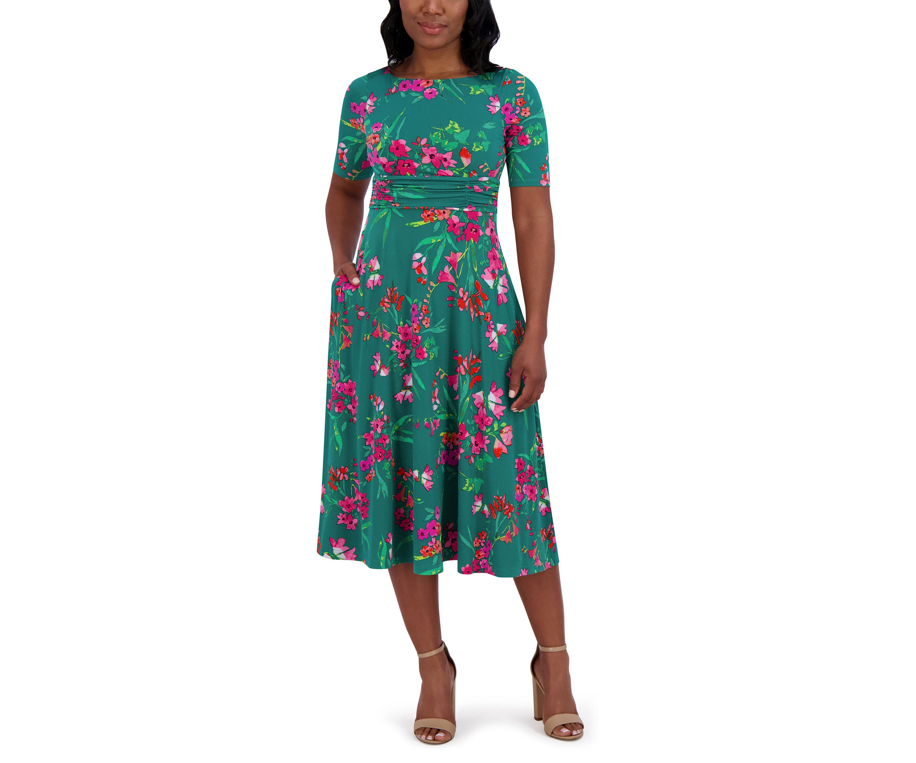 Womens Short Sleeve Crew Neck Floral Print Dress