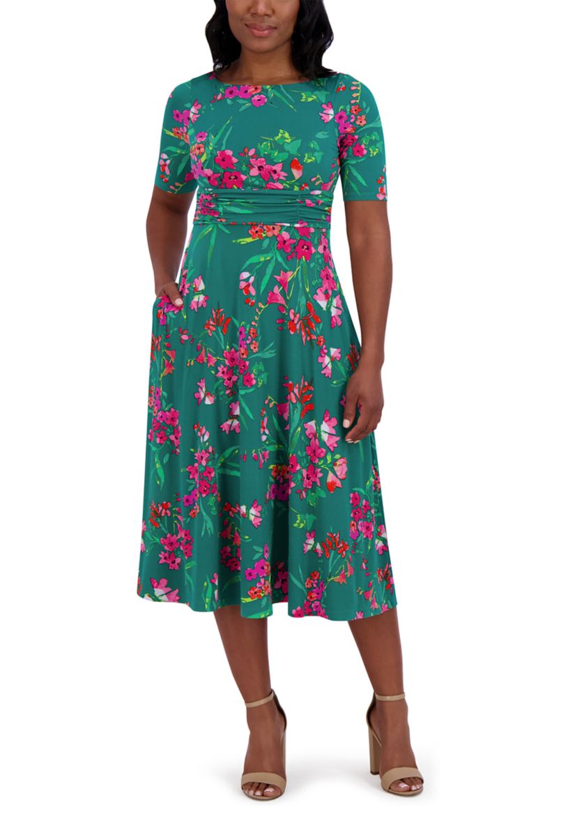 Womens Short Sleeve Crew Neck Floral Print Dress