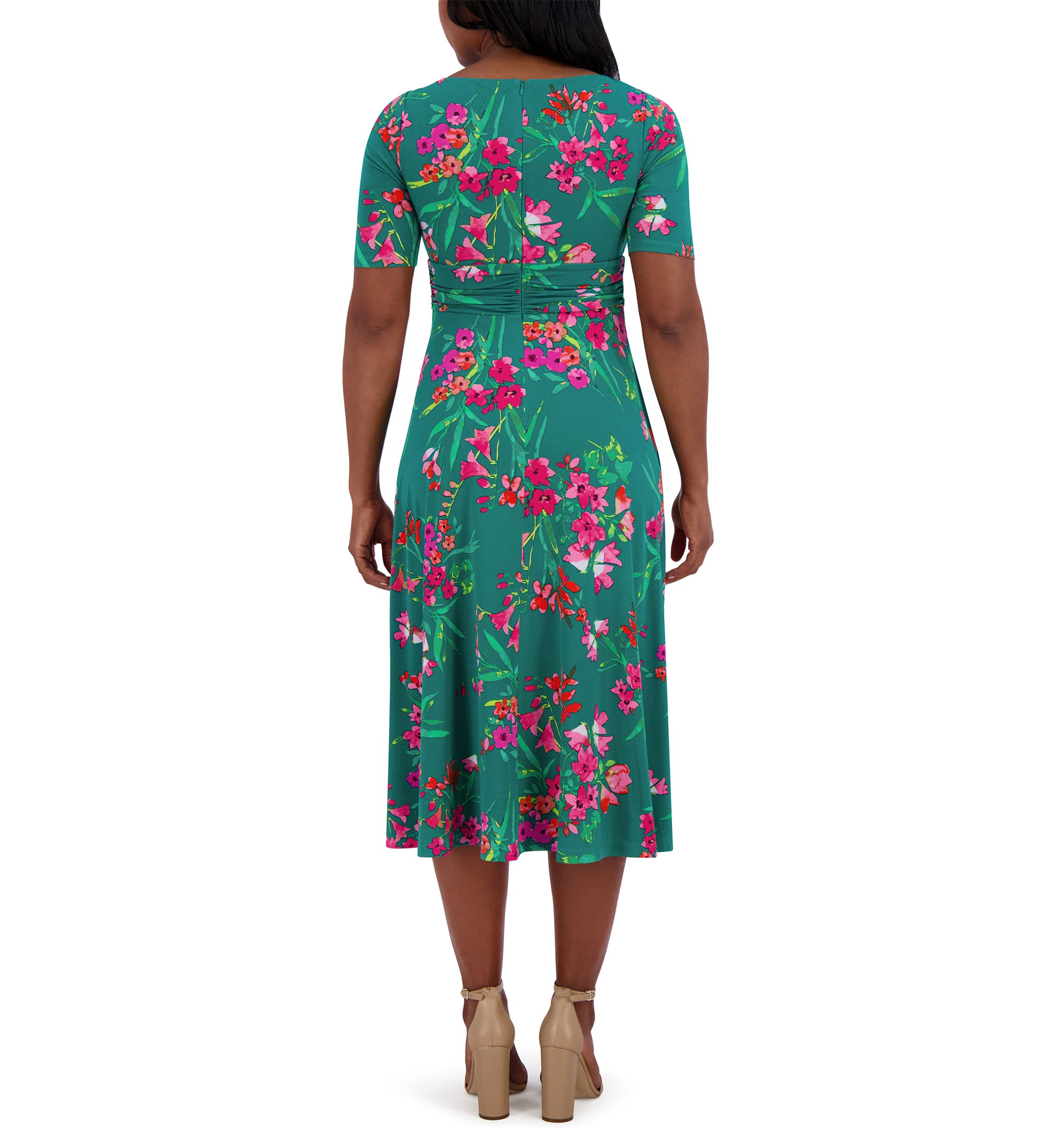 Womens Short Sleeve Crew Neck Floral Print Dress