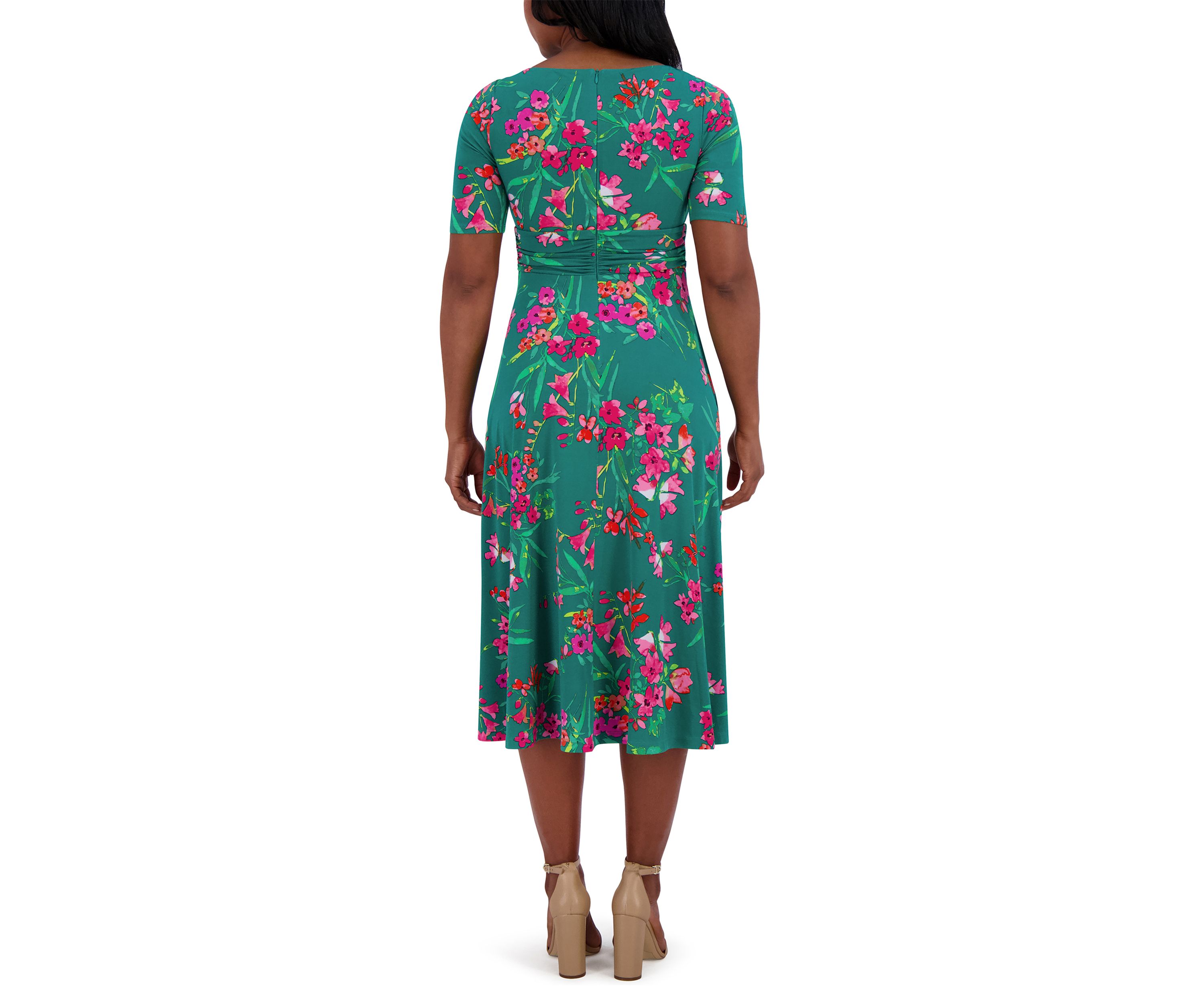 Womens Short Sleeve Crew Neck Floral Print Dress