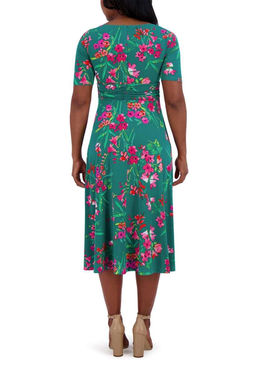 Womens Short Sleeve Crew Neck Floral Print Dress