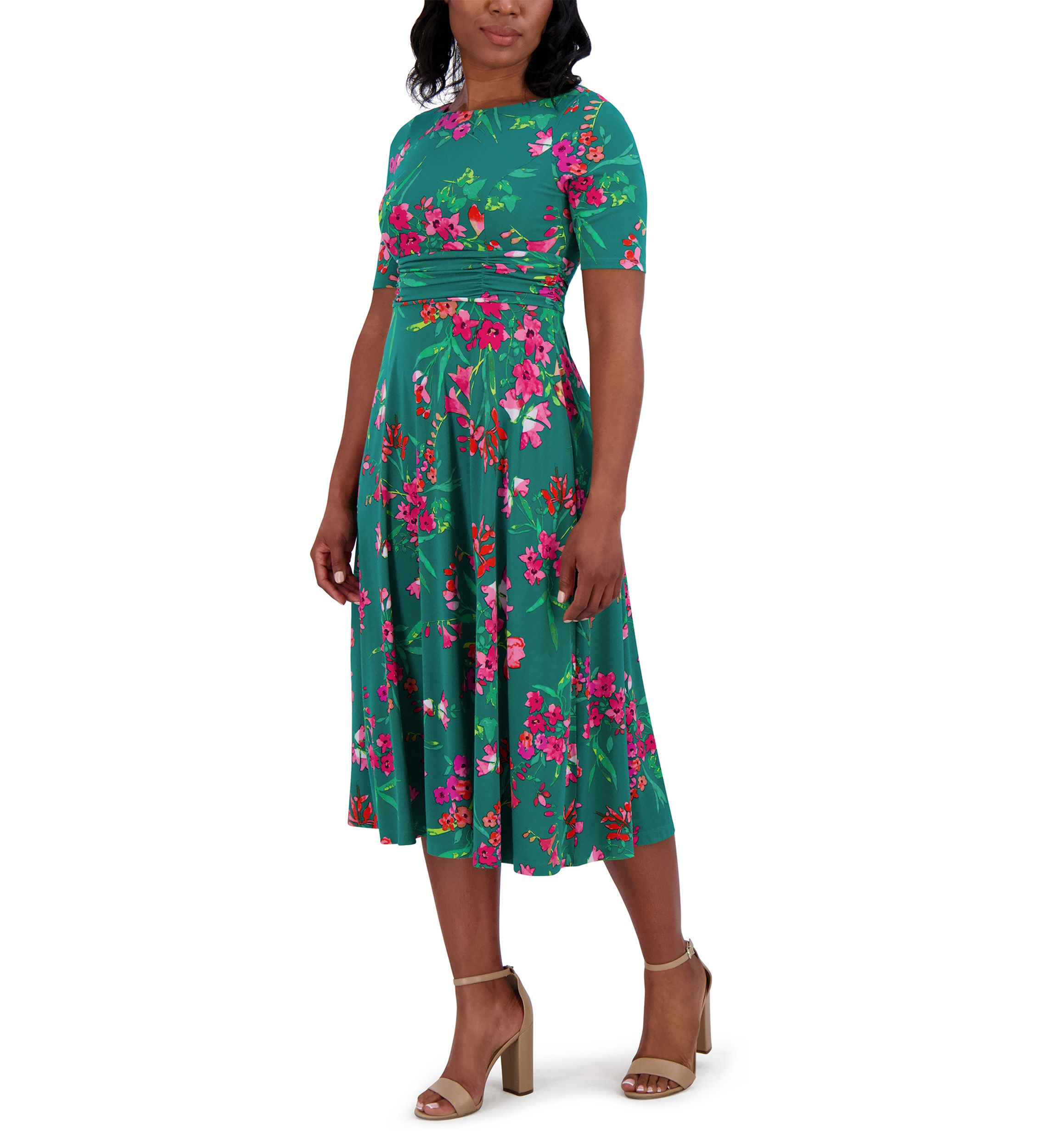 Womens Short Sleeve Crew Neck Floral Print Dress