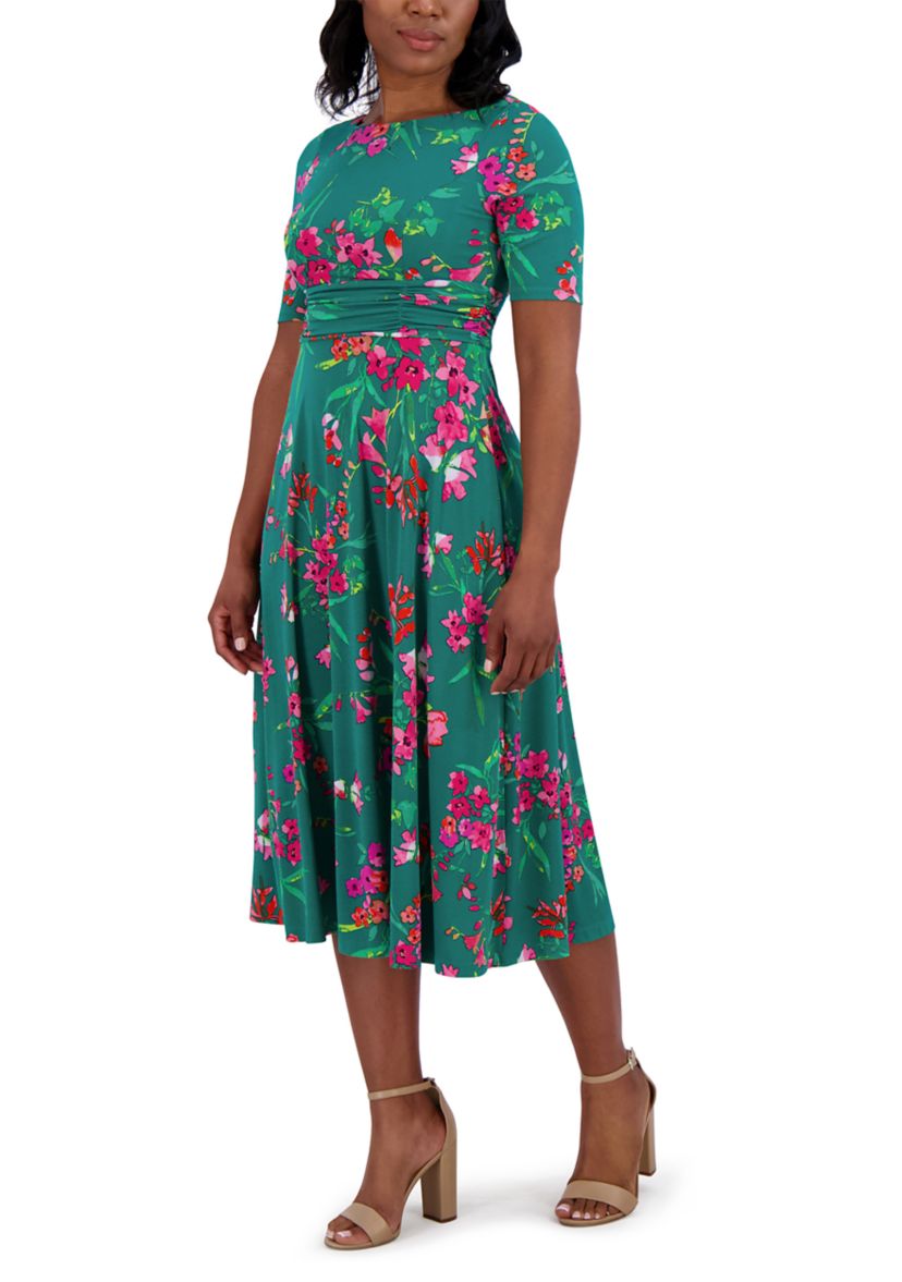 Womens Short Sleeve Crew Neck Floral Print Dress
