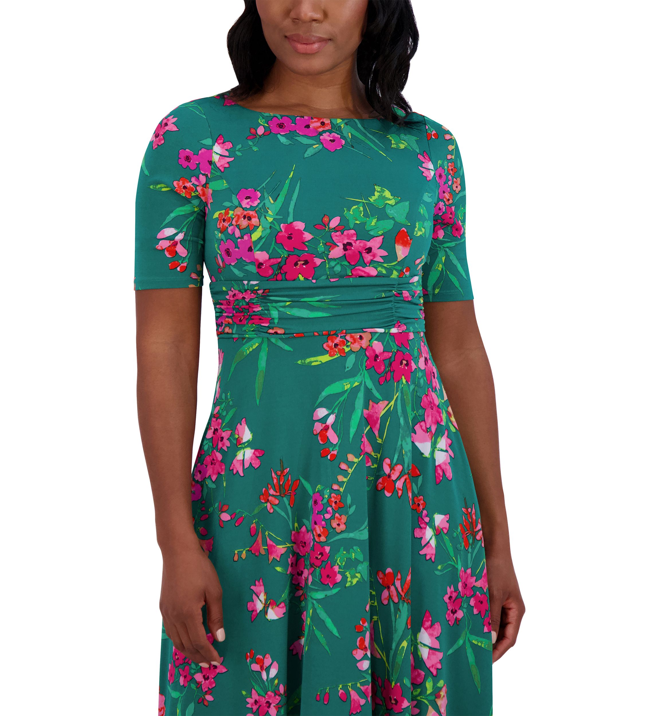Womens Short Sleeve Crew Neck Floral Print Dress