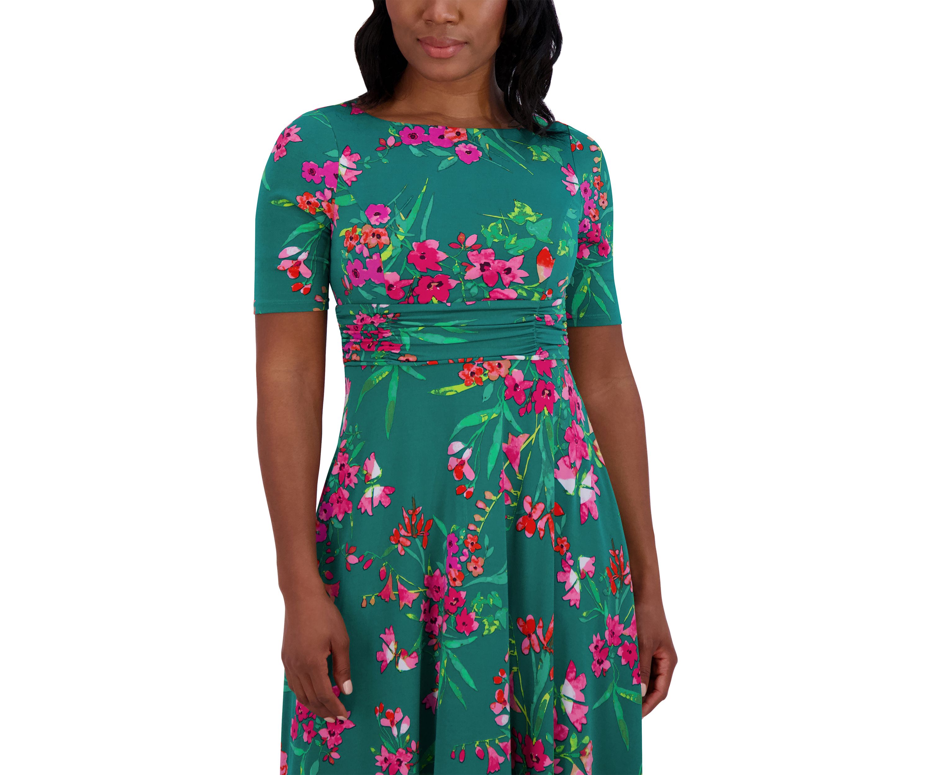 Womens Short Sleeve Crew Neck Floral Print Dress