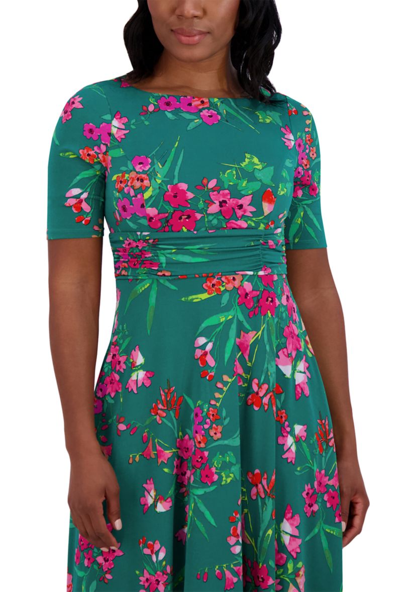 Womens Short Sleeve Crew Neck Floral Print Dress