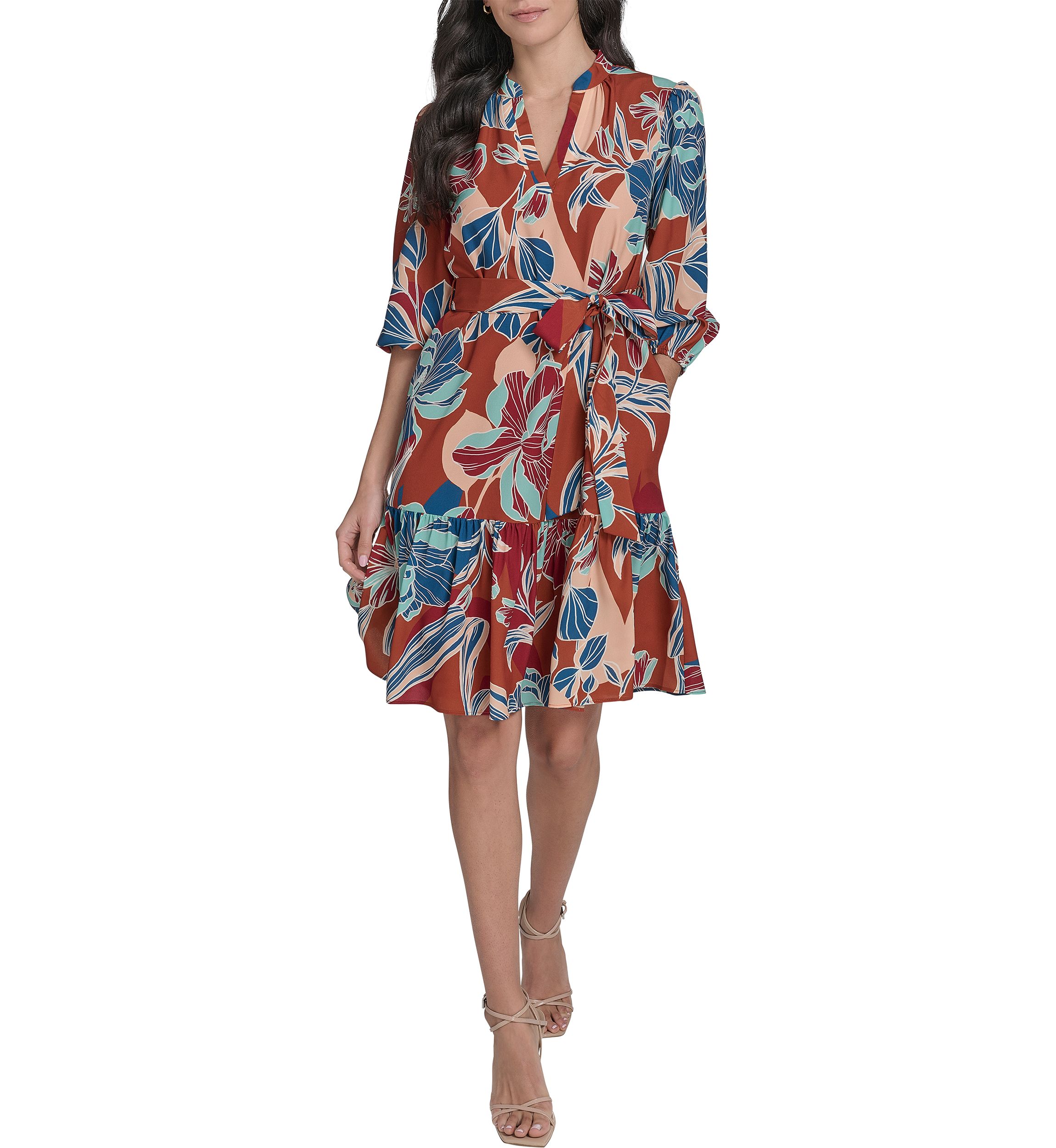 Womens Leaf Printed Tie Waist Dress
