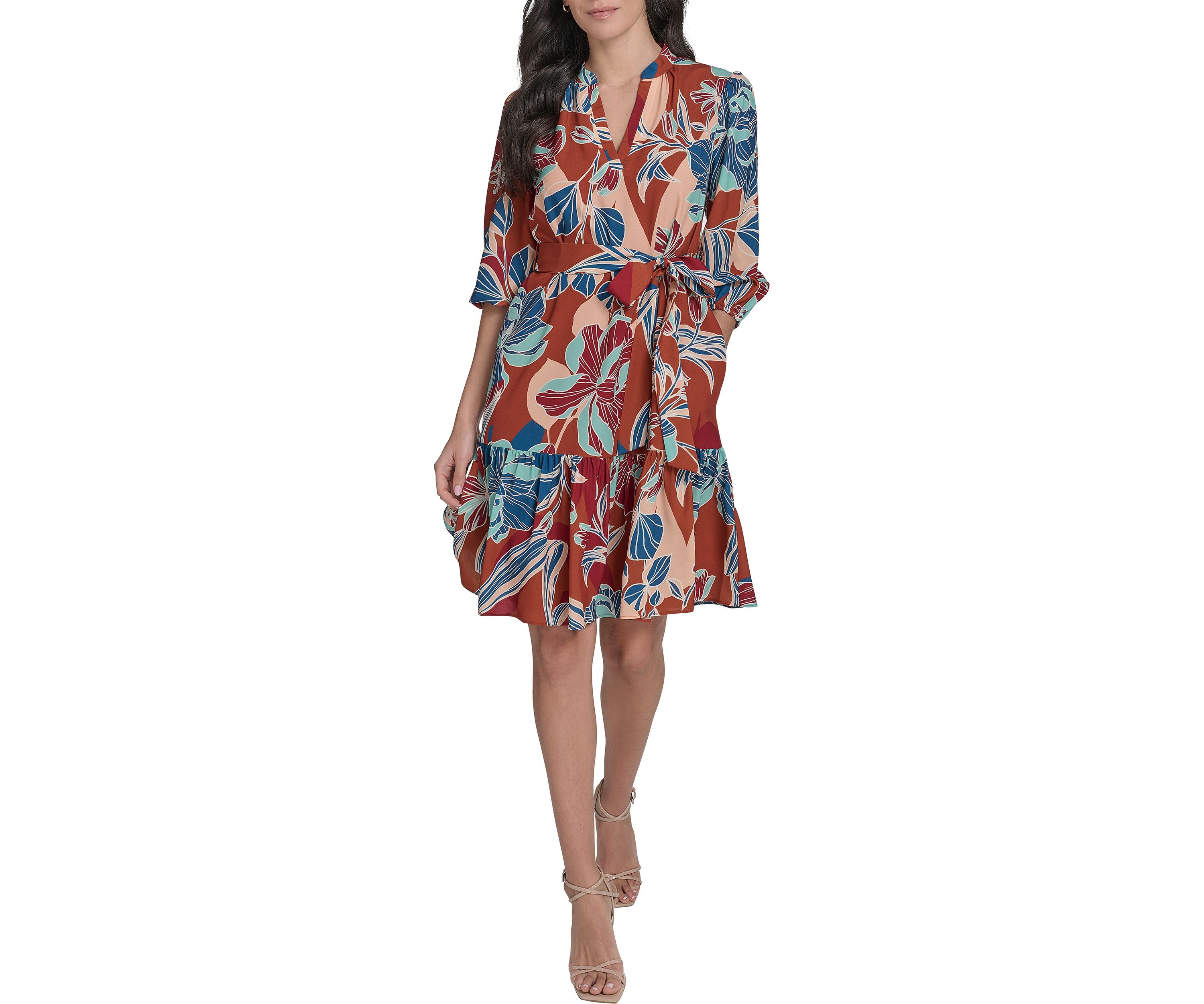 Womens Leaf Printed Tie Waist Dress