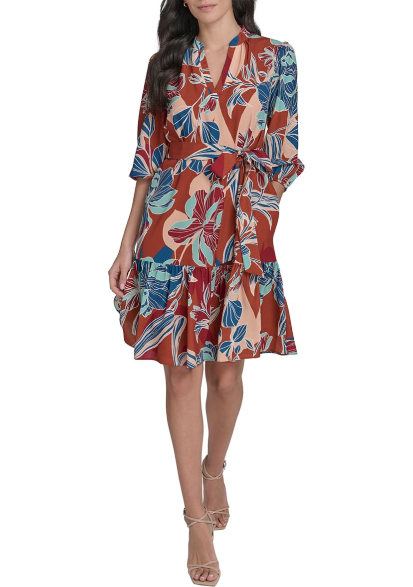 Womens Leaf Printed Tie Waist Dress
