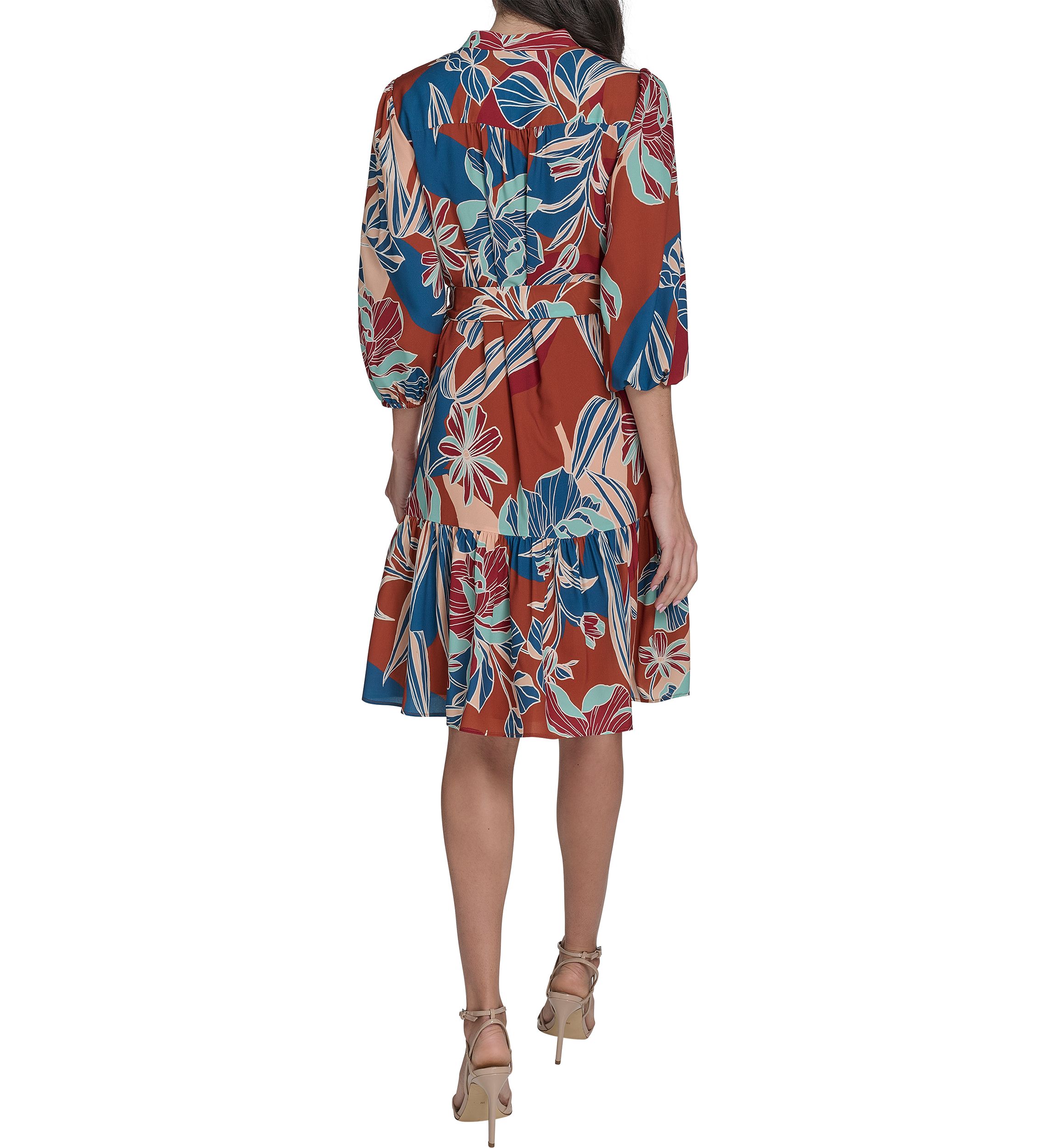 Womens Leaf Printed Tie Waist Dress