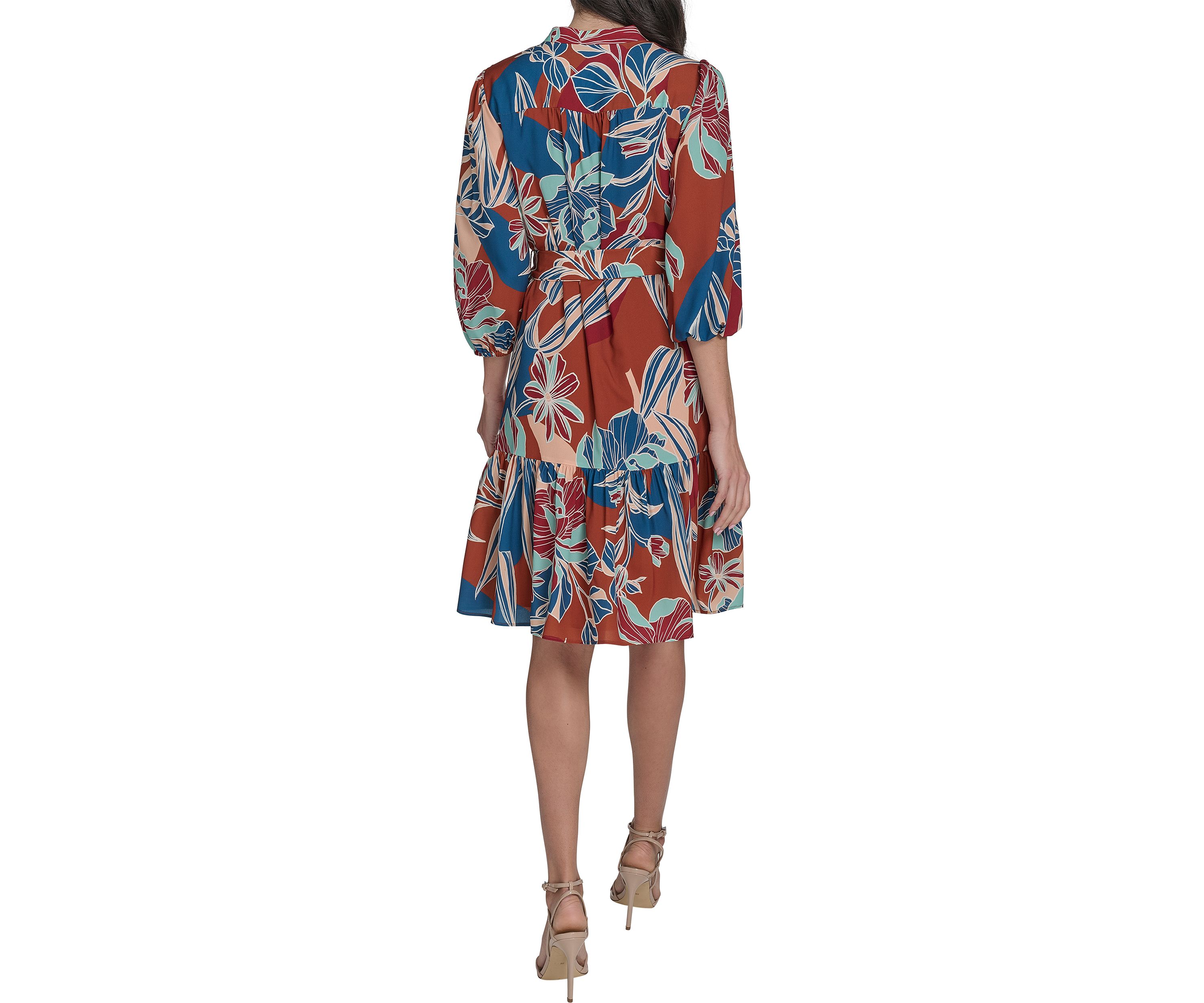 Womens Leaf Printed Tie Waist Dress