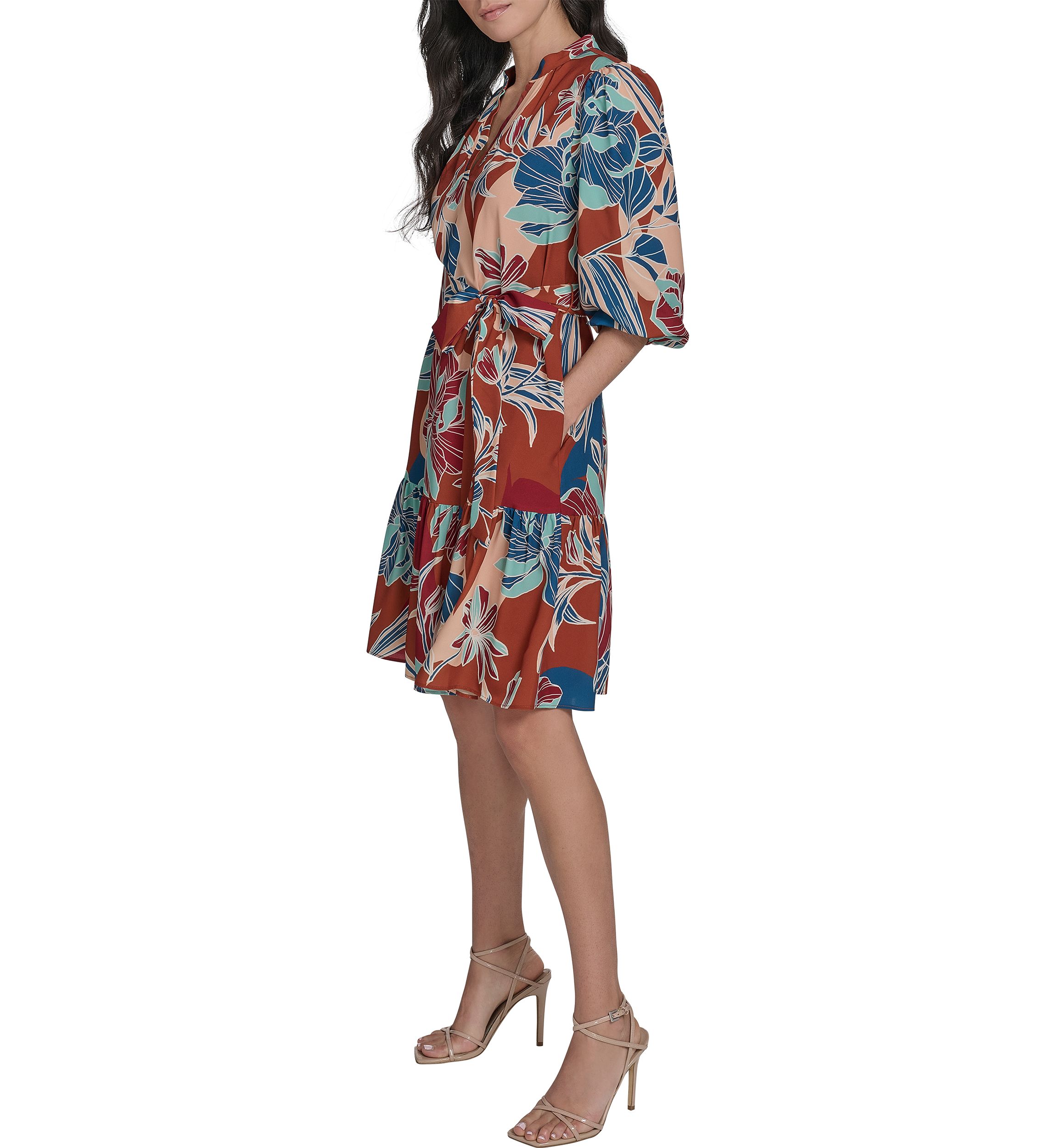 Womens Leaf Printed Tie Waist Dress