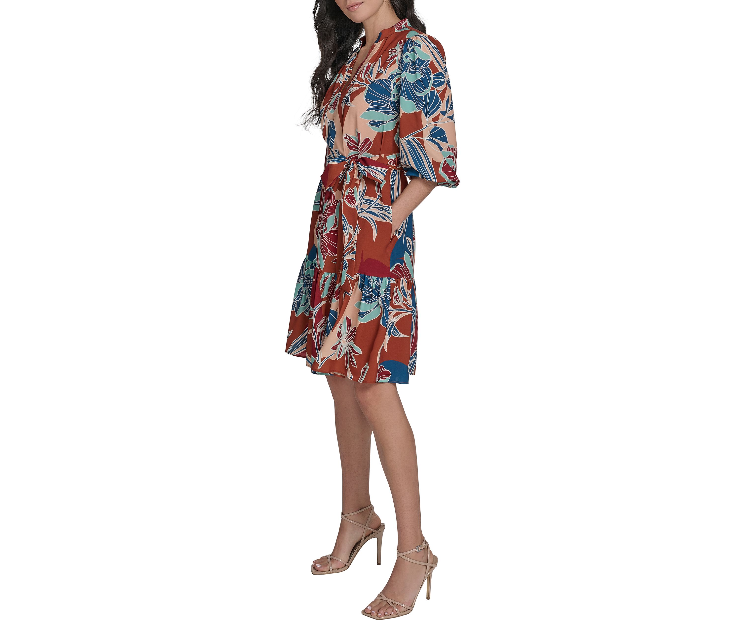 Womens Leaf Printed Tie Waist Dress