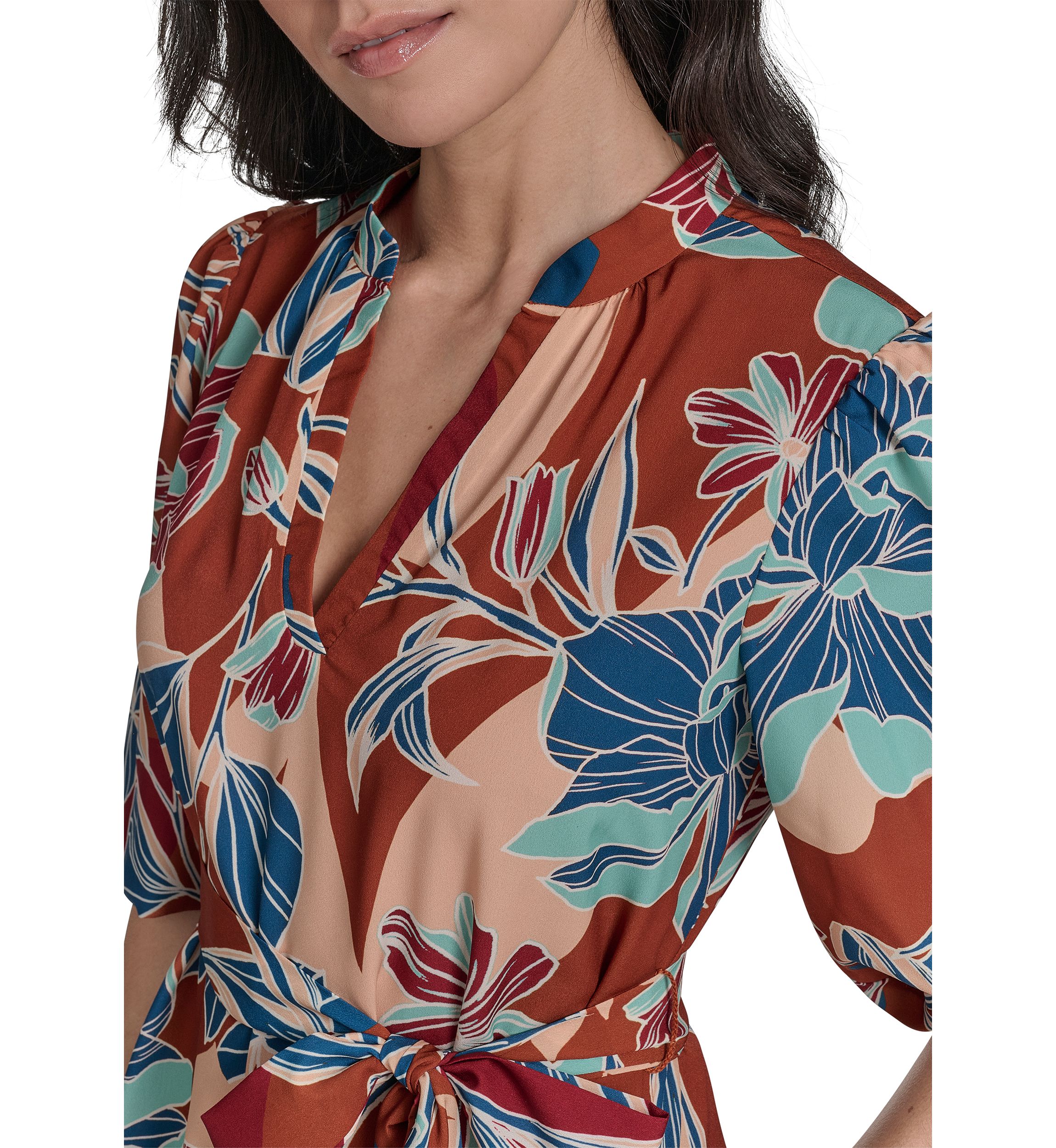 Womens Leaf Printed Tie Waist Dress