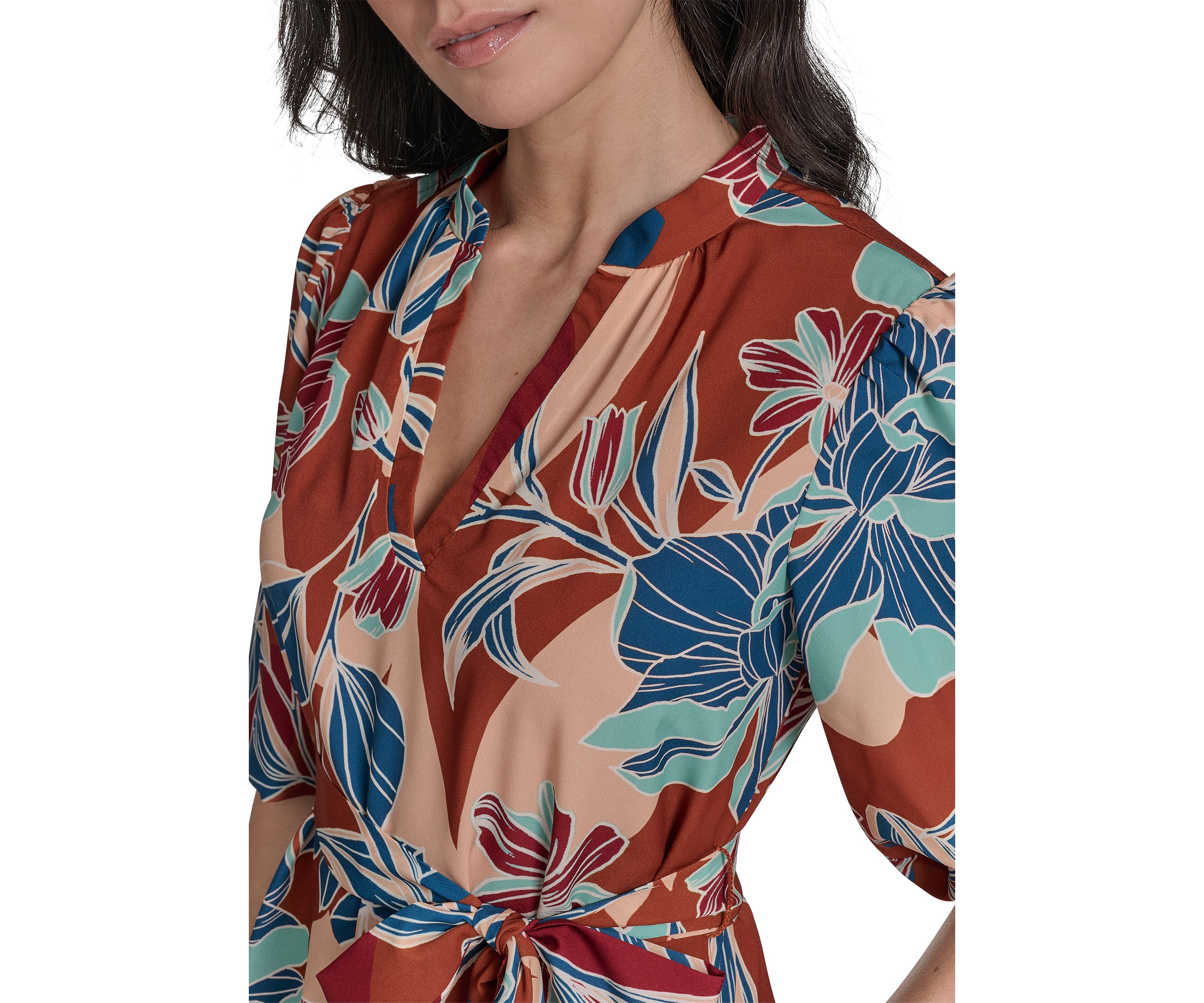 Womens Leaf Printed Tie Waist Dress
