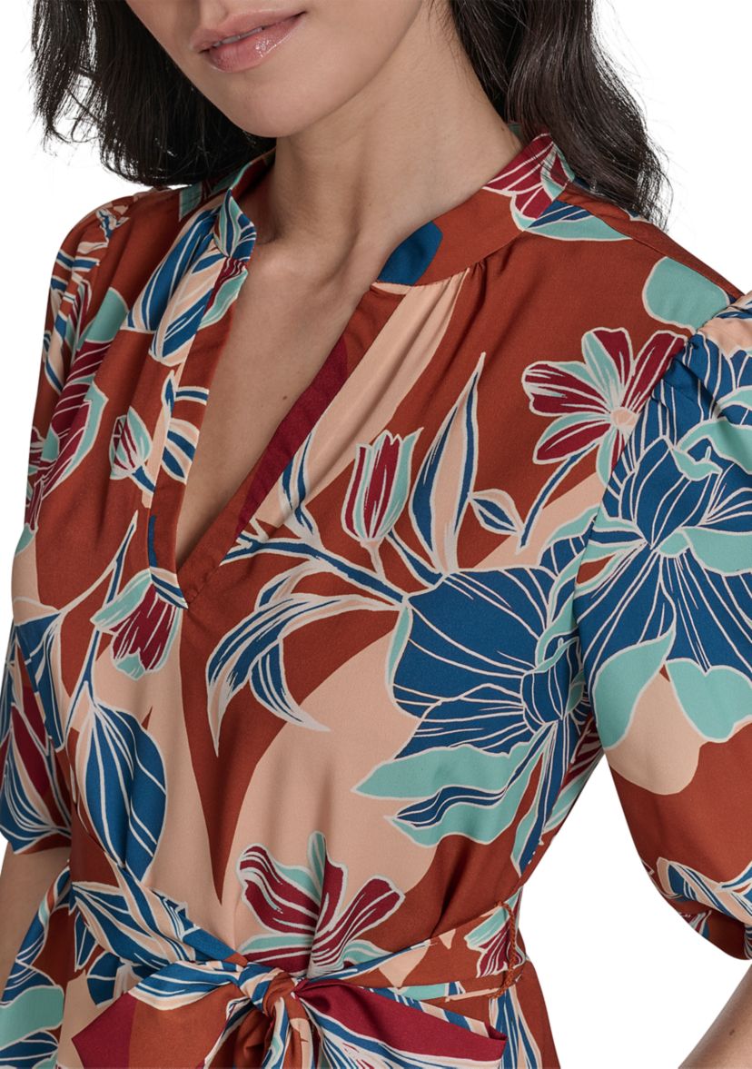 Womens Leaf Printed Tie Waist Dress