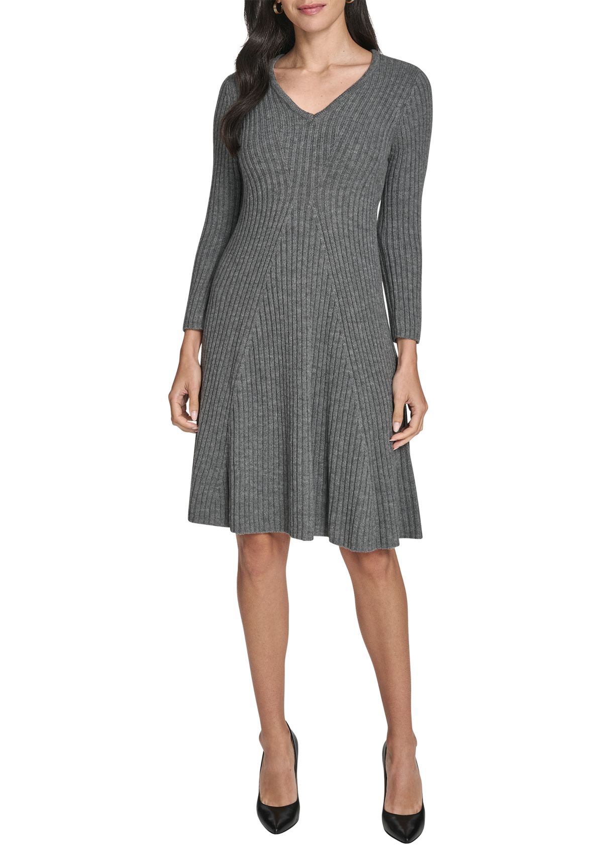 Womens Long Sleeve V-Neck Solid A-Line Sweater Dress