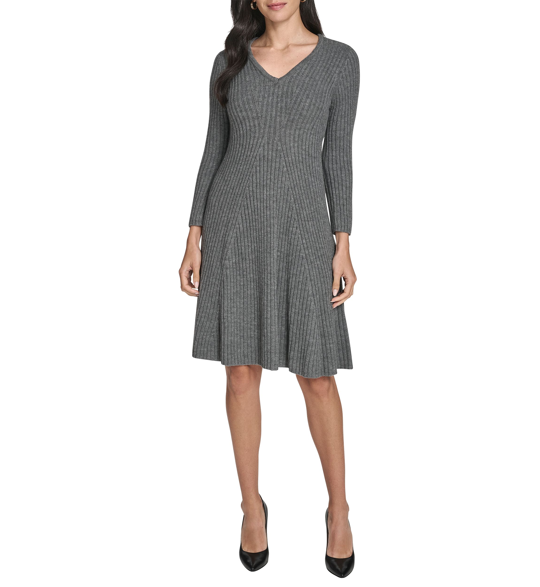 Womens Long Sleeve V-Neck Solid A-Line Sweater Dress