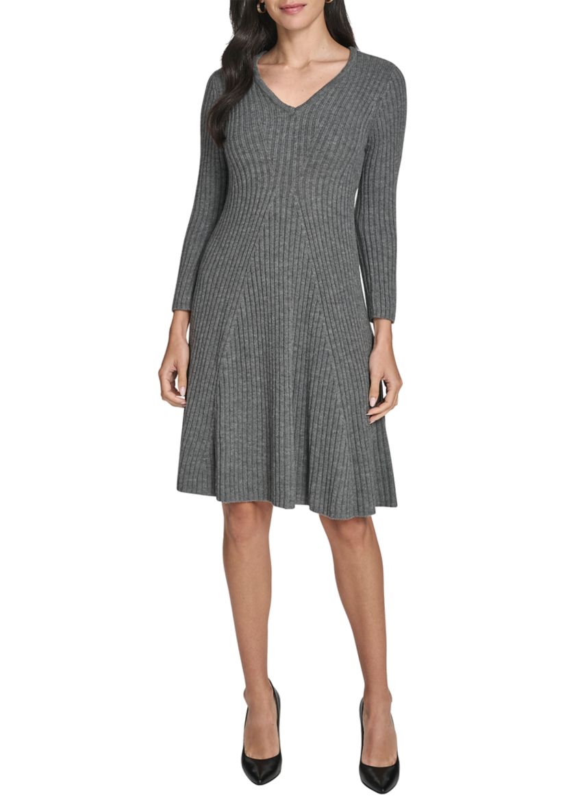 Womens Long Sleeve V-Neck Solid A-Line Sweater Dress