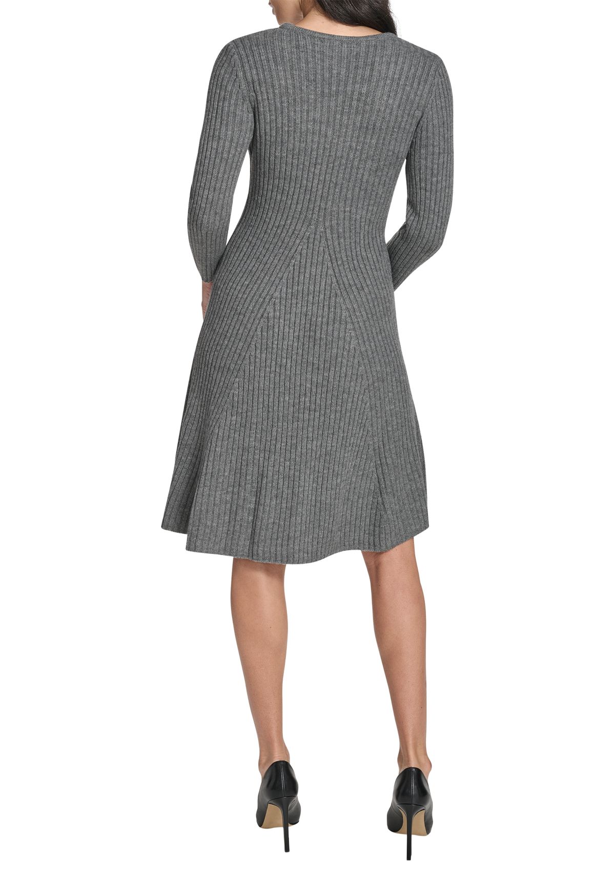 Womens Long Sleeve V-Neck Solid A-Line Sweater Dress