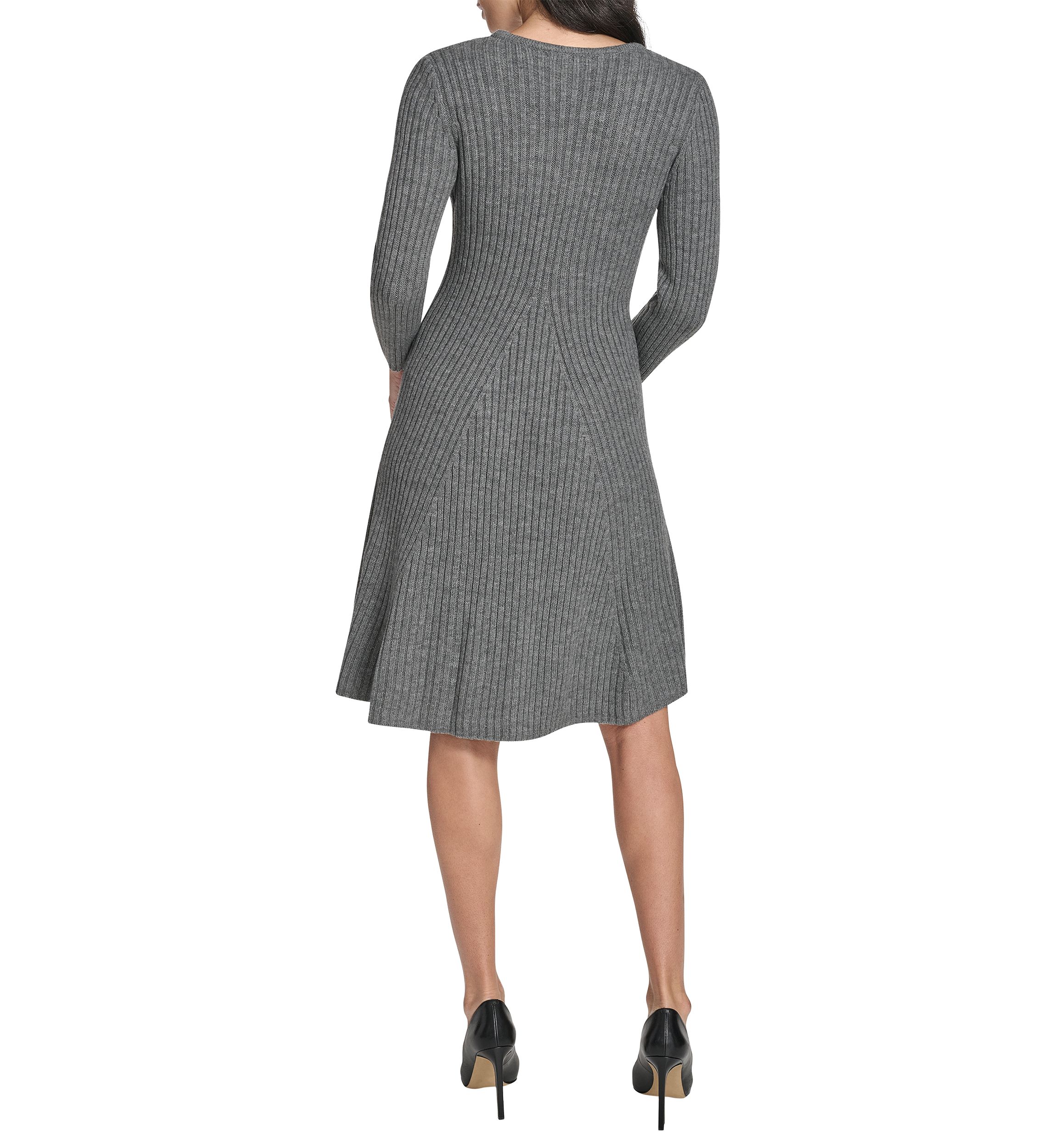 Womens Long Sleeve V-Neck Solid A-Line Sweater Dress
