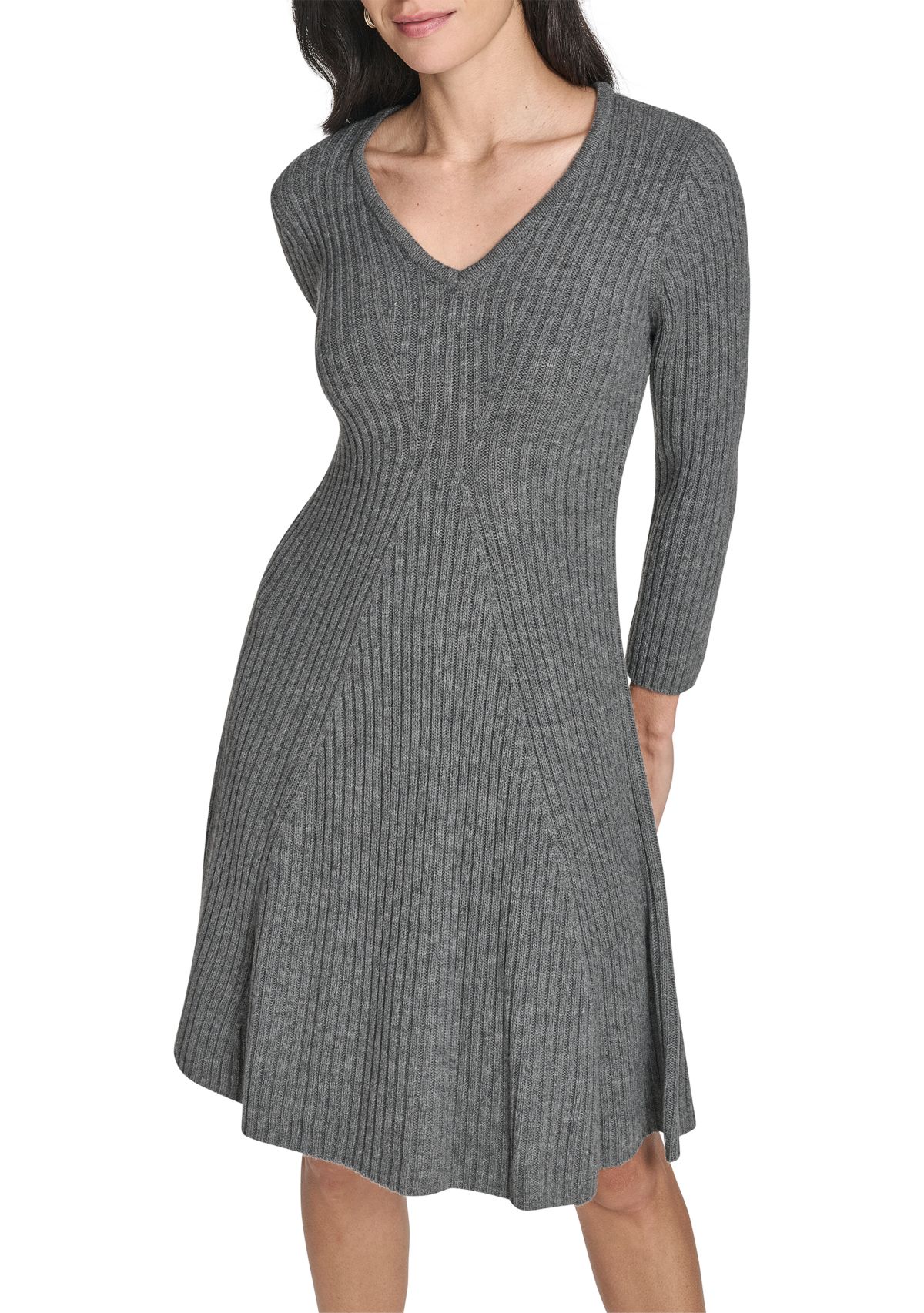 Womens Long Sleeve V-Neck Solid A-Line Sweater Dress