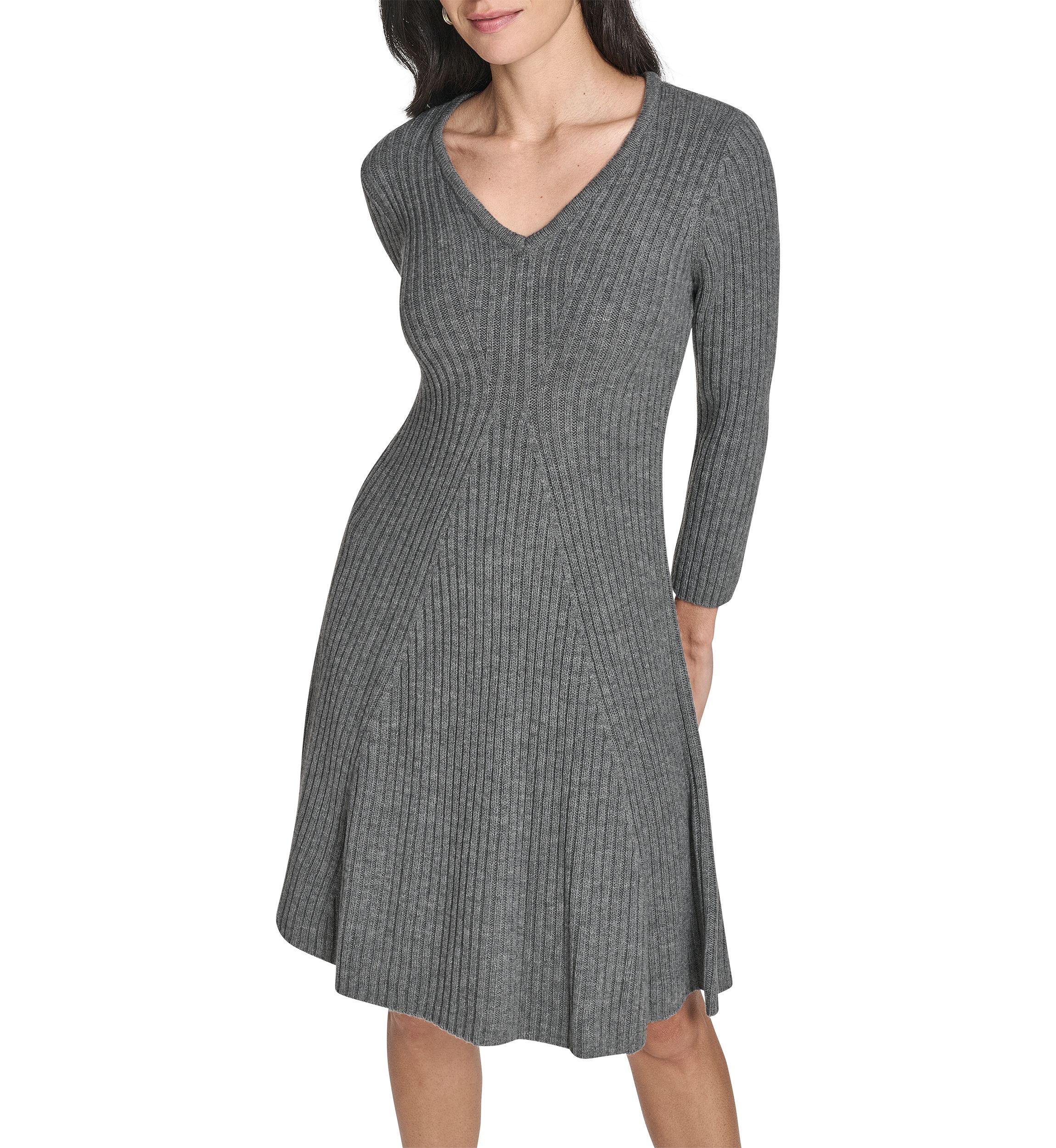 Womens Long Sleeve V-Neck Solid A-Line Sweater Dress