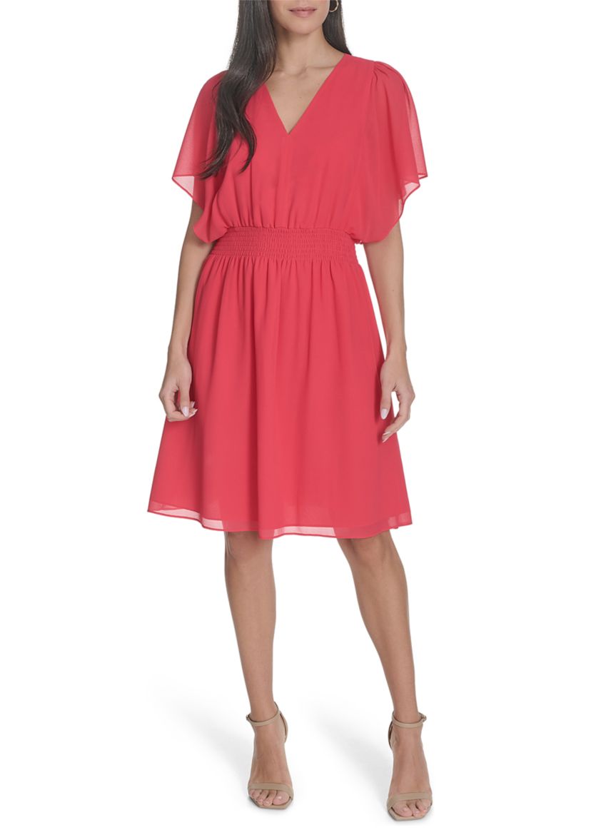 Womens Short Sleeve V-Neck Fit and Flare Mini Dress