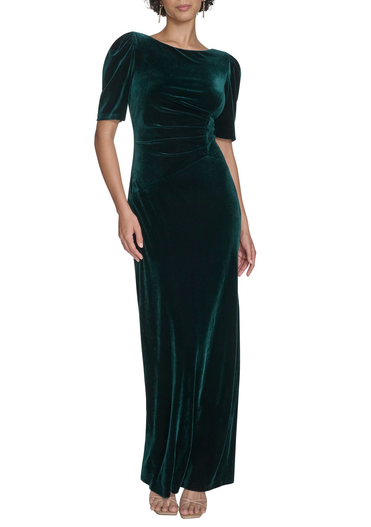 Short Sleeve Crew Neck Solid Velvet Slim Gown 