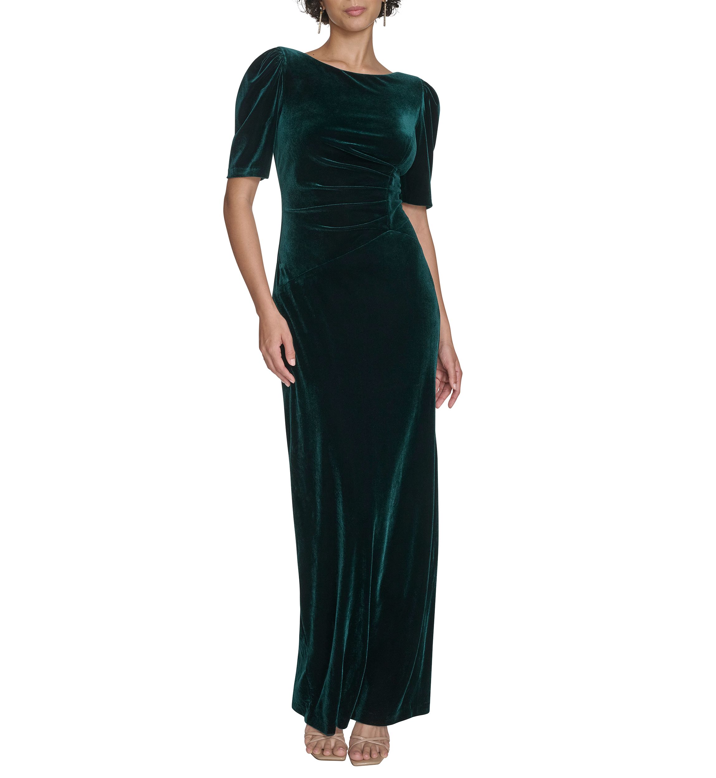 Short Sleeve Crew Neck Solid Velvet Slim Gown 