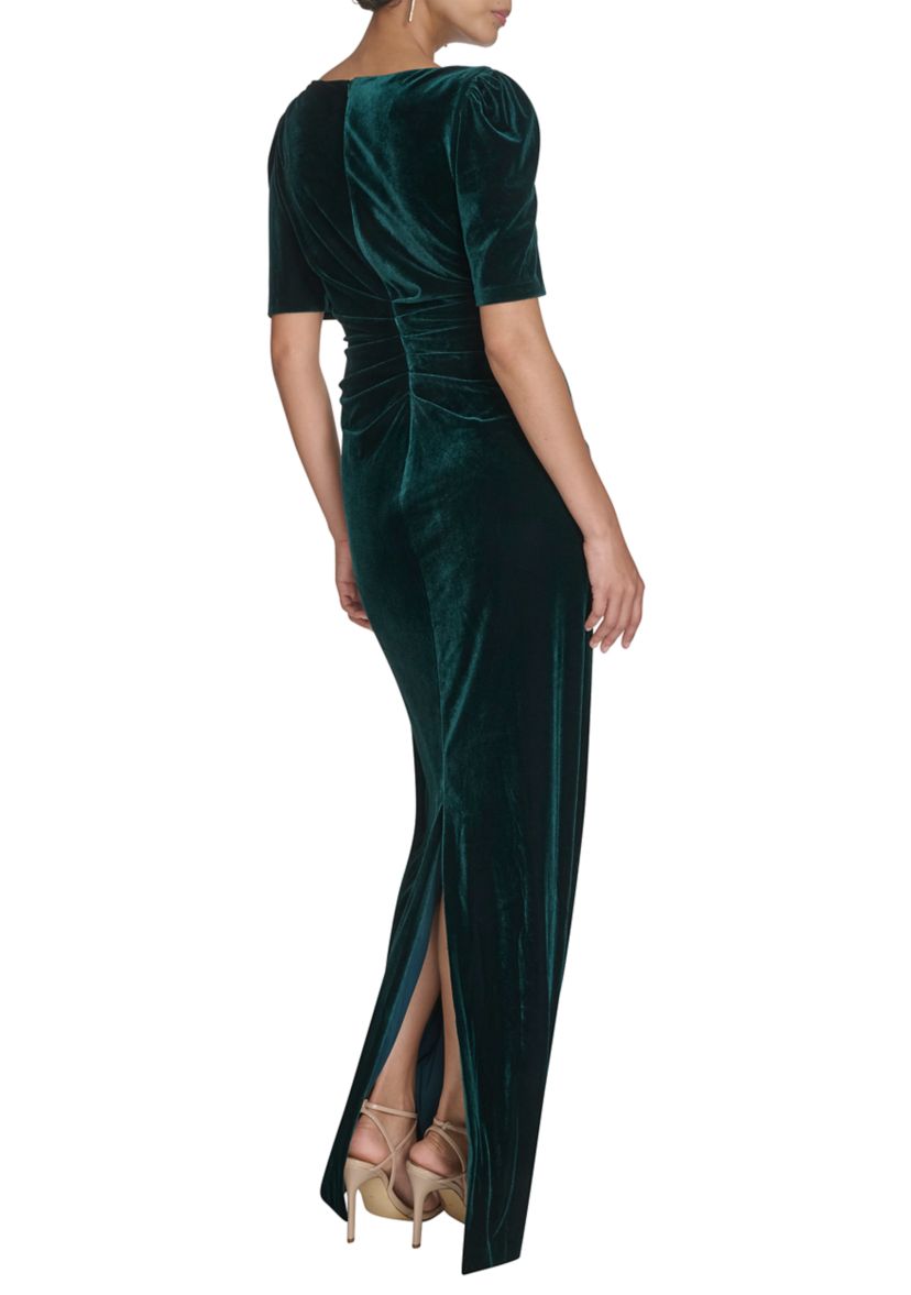 Short Sleeve Crew Neck Solid Velvet Slim Gown 