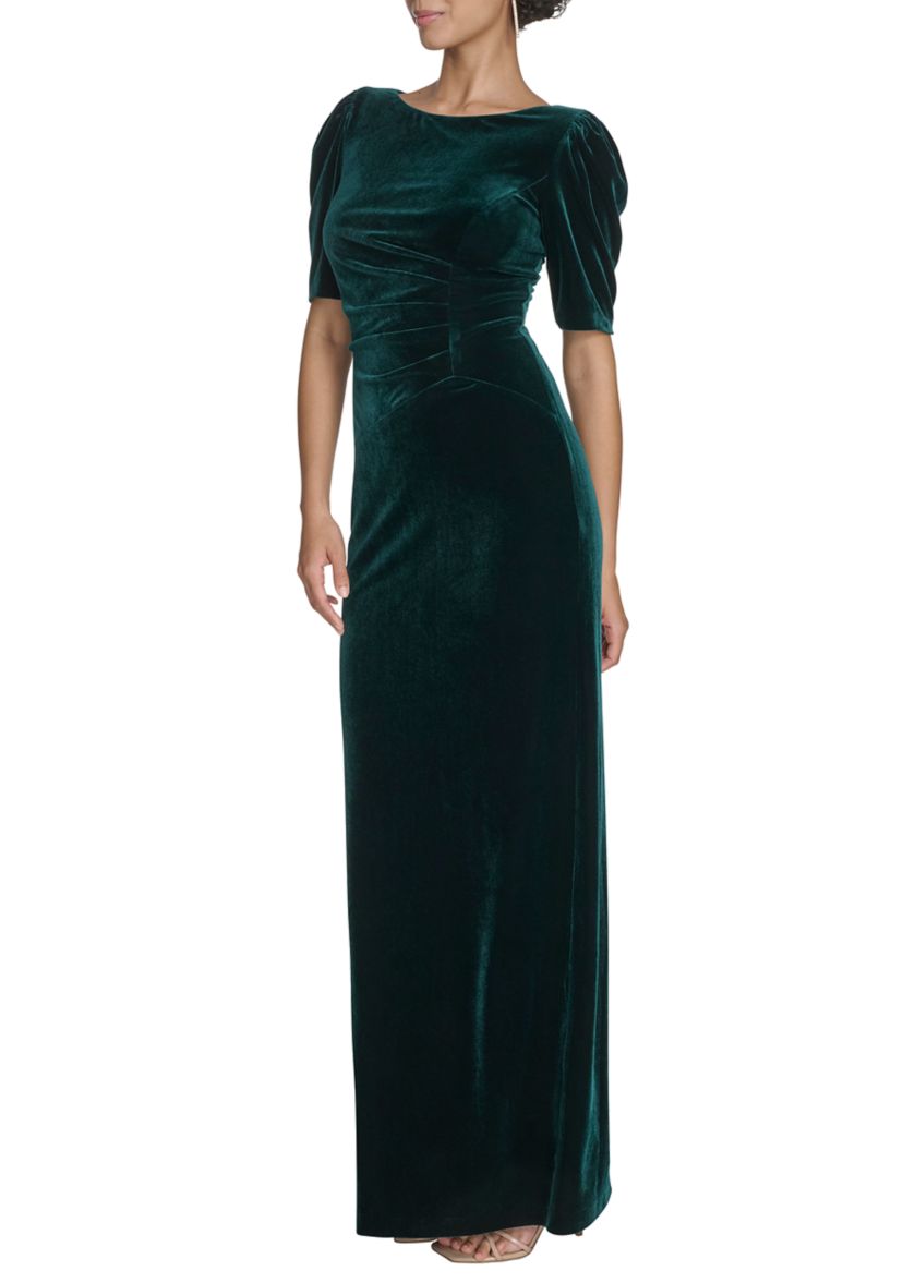 Short Sleeve Crew Neck Solid Velvet Slim Gown 