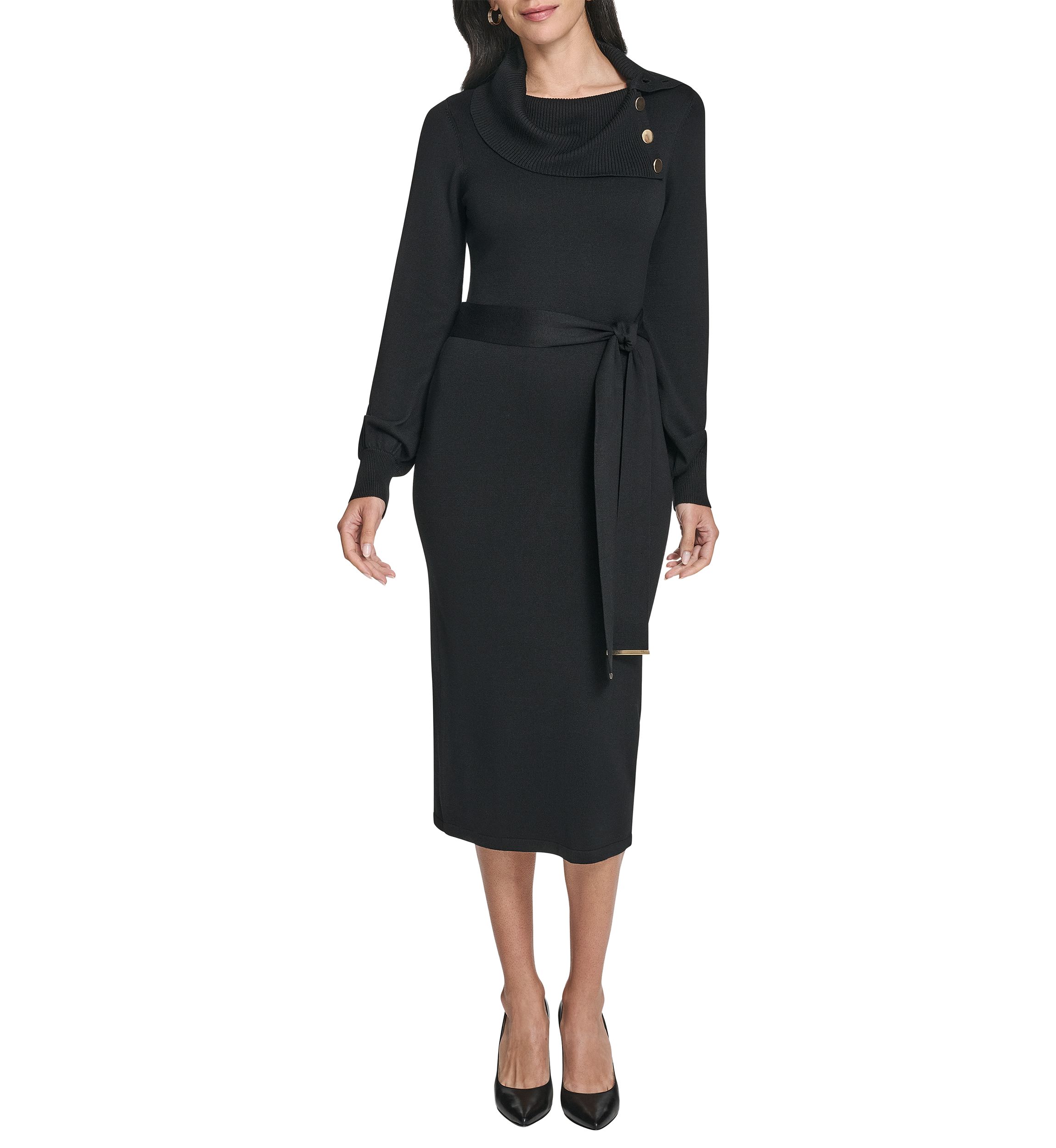 Womens Long Sleeve Mock Neck Solid Tie-Waist Sweater Dress