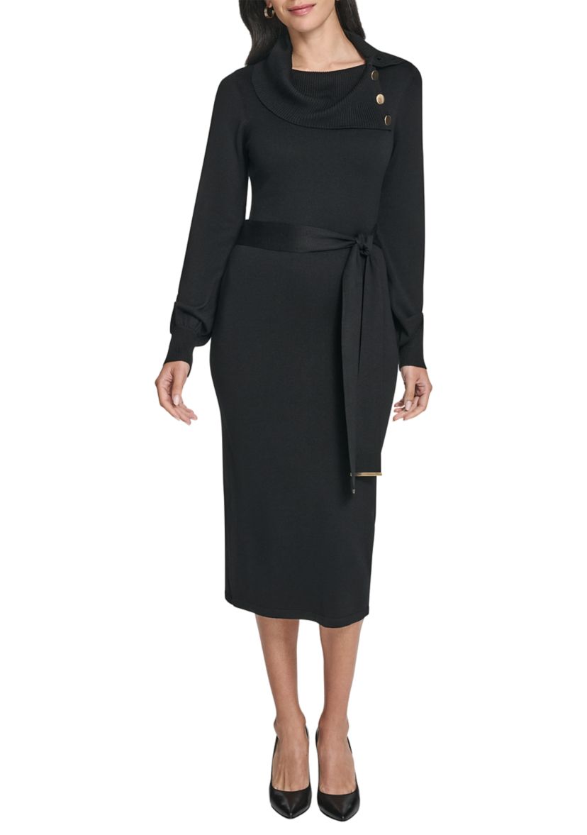 Womens Long Sleeve Mock Neck Solid Tie-Waist Sweater Dress